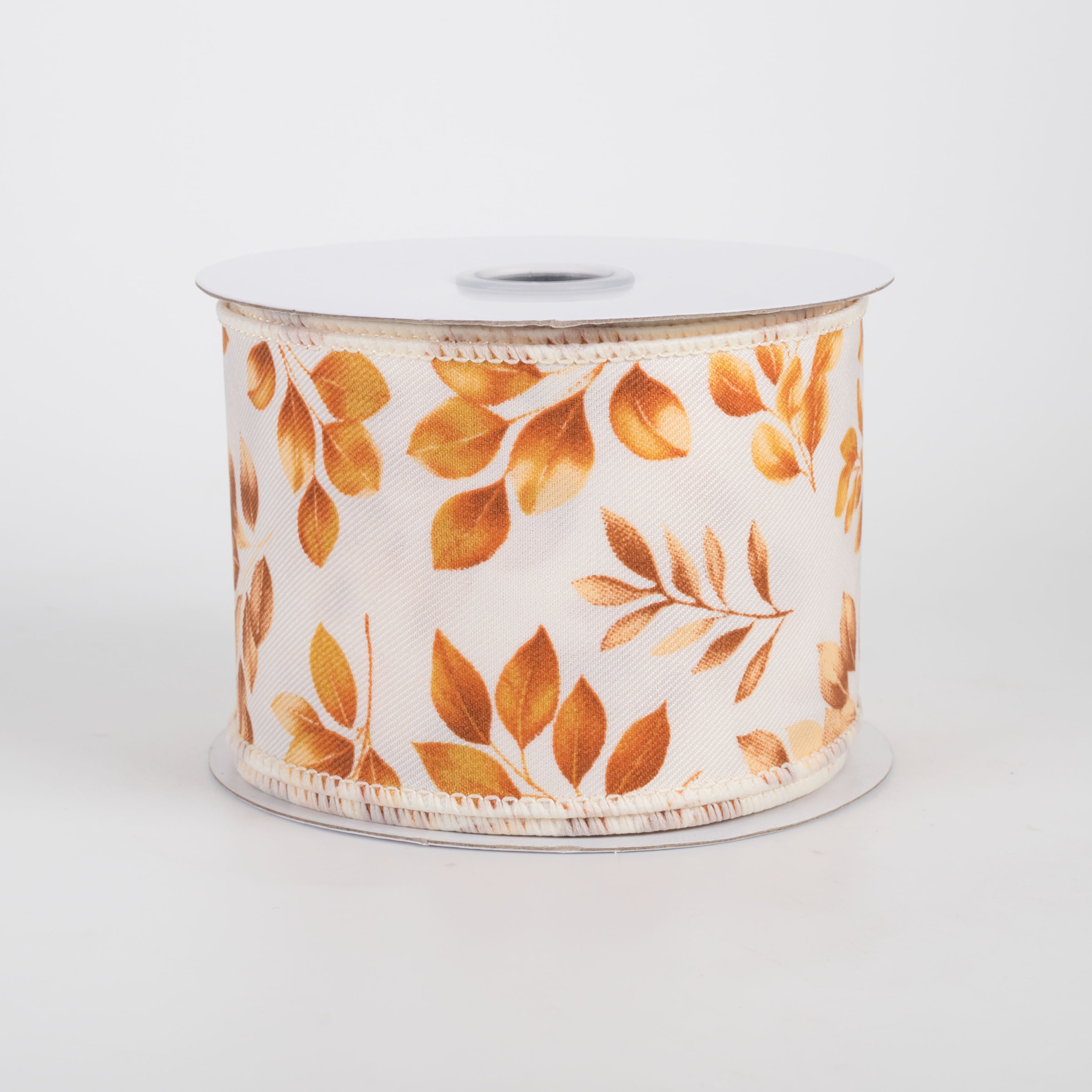 2.5" Greenery Leaves Ribbon: Brown & Orange on Ivory (10 Yards)