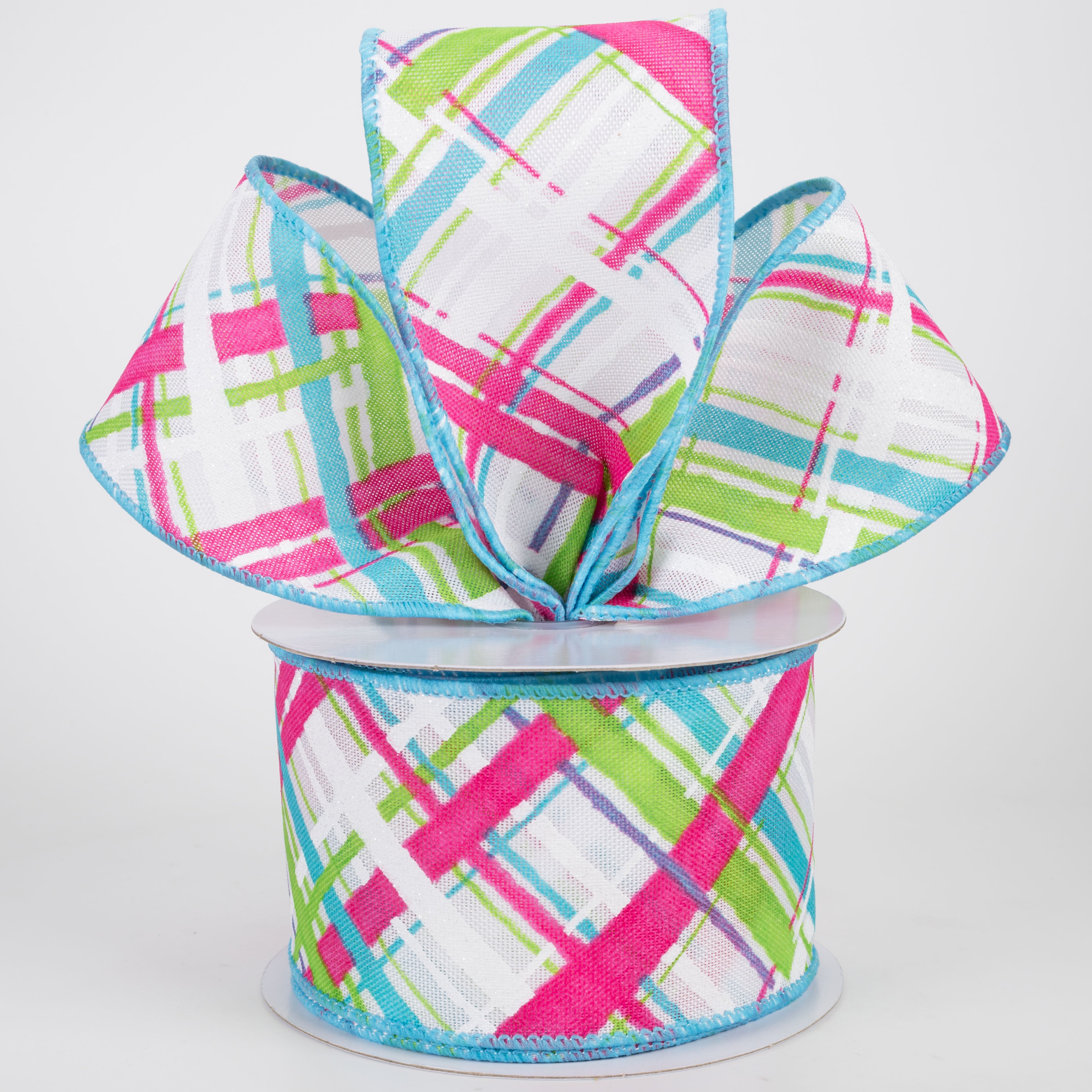 2.5" Diagonal Painted Plaid Ribbon: White, Turquoise, Green, Hot Pink (10 Yards)
