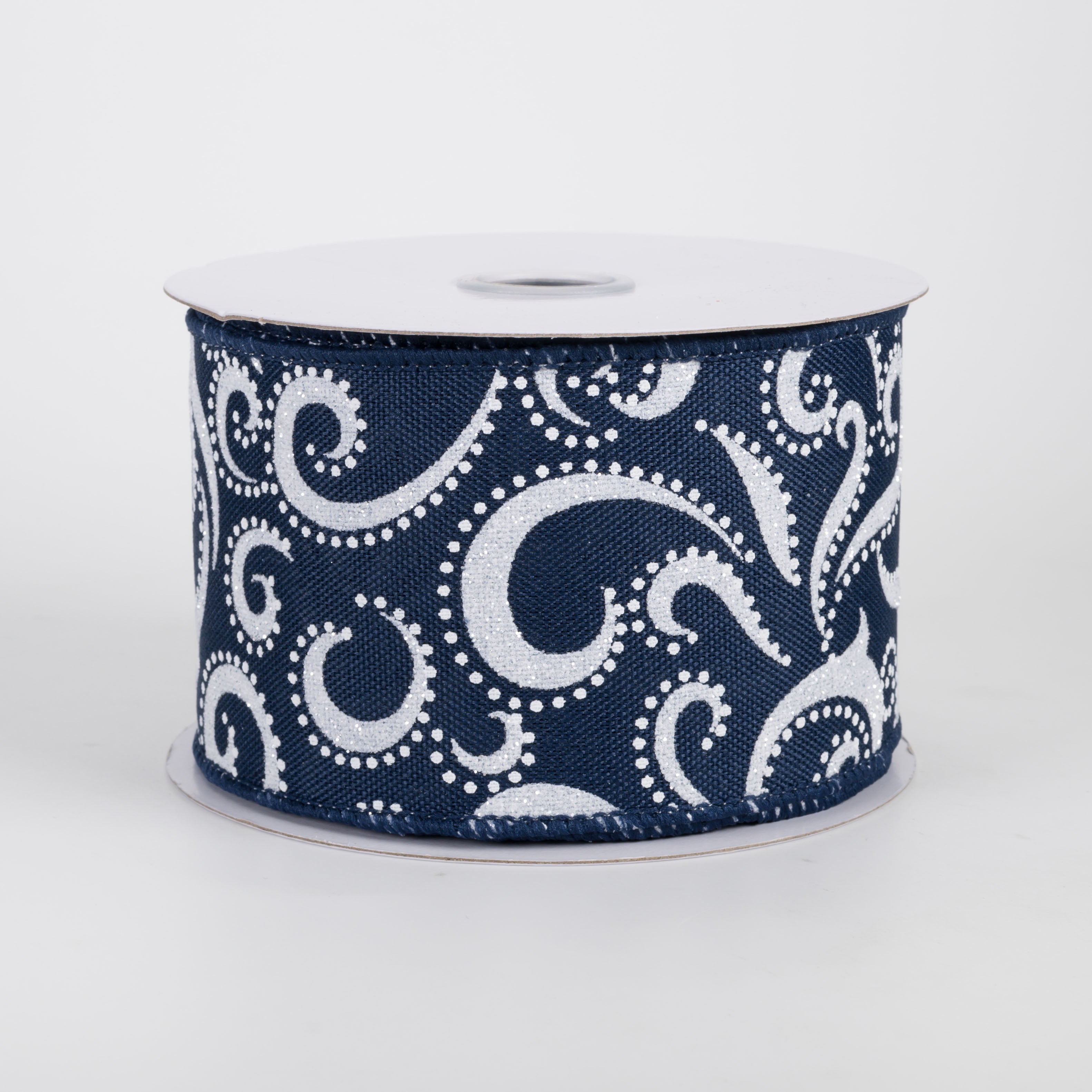 2.5" Glittered Swirls & Dots Ribbon: White on Navy Blue (10 Yards)