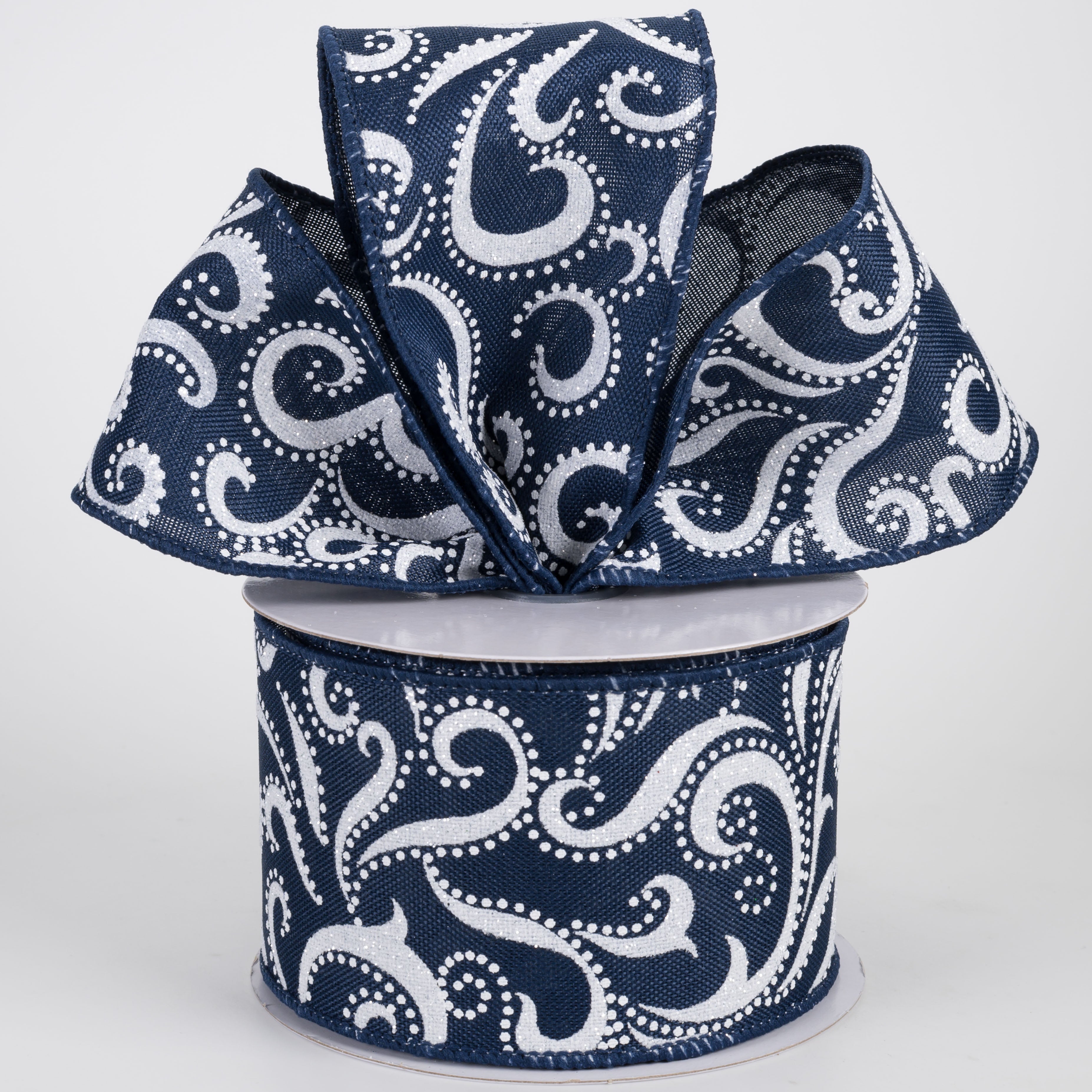 2.5" Glittered Swirls & Dots Ribbon: White on Navy Blue (10 Yards)