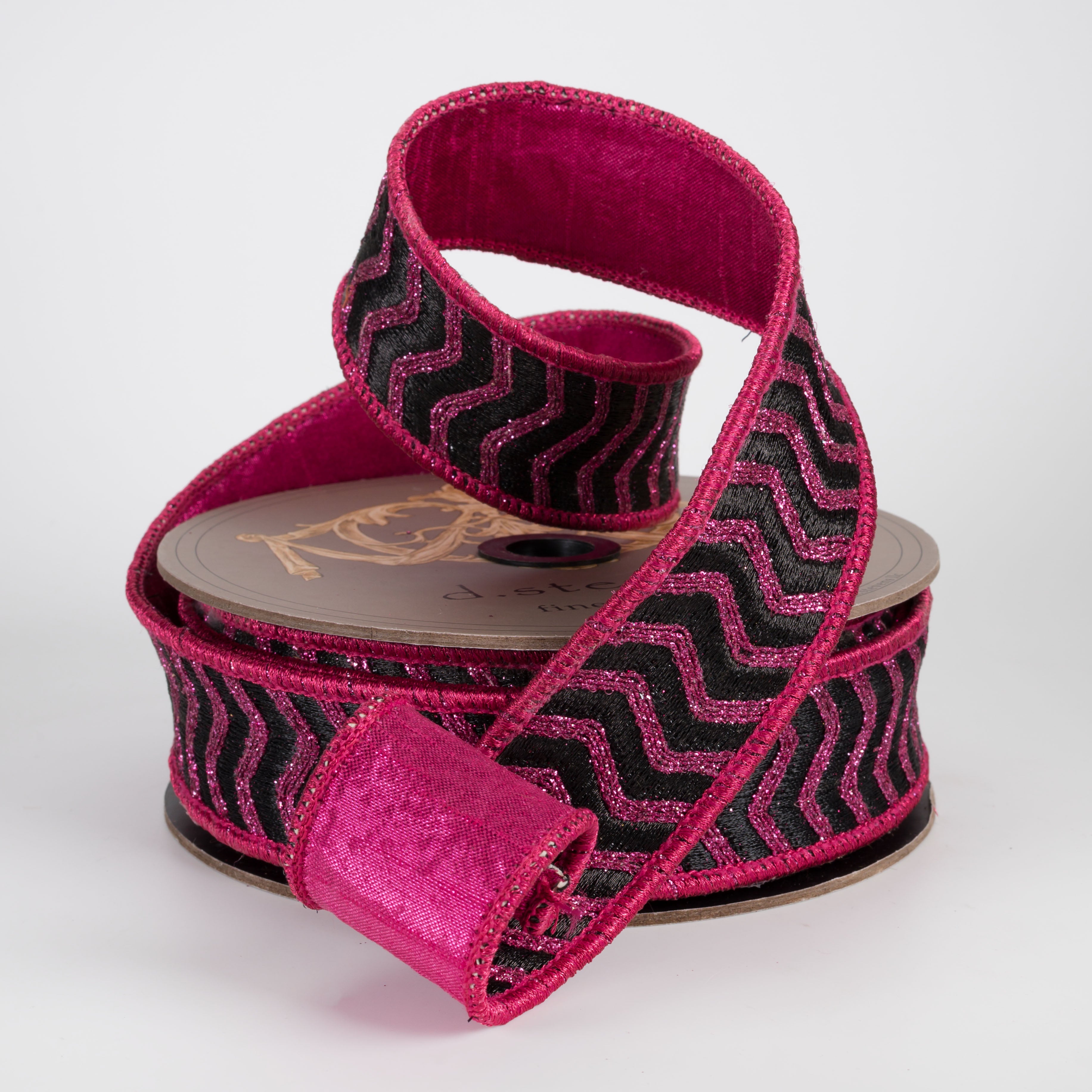[D Stevens] 1.5" Bullion Chevron Wave Ribbon: Hot Pink & Black (10 Yards)