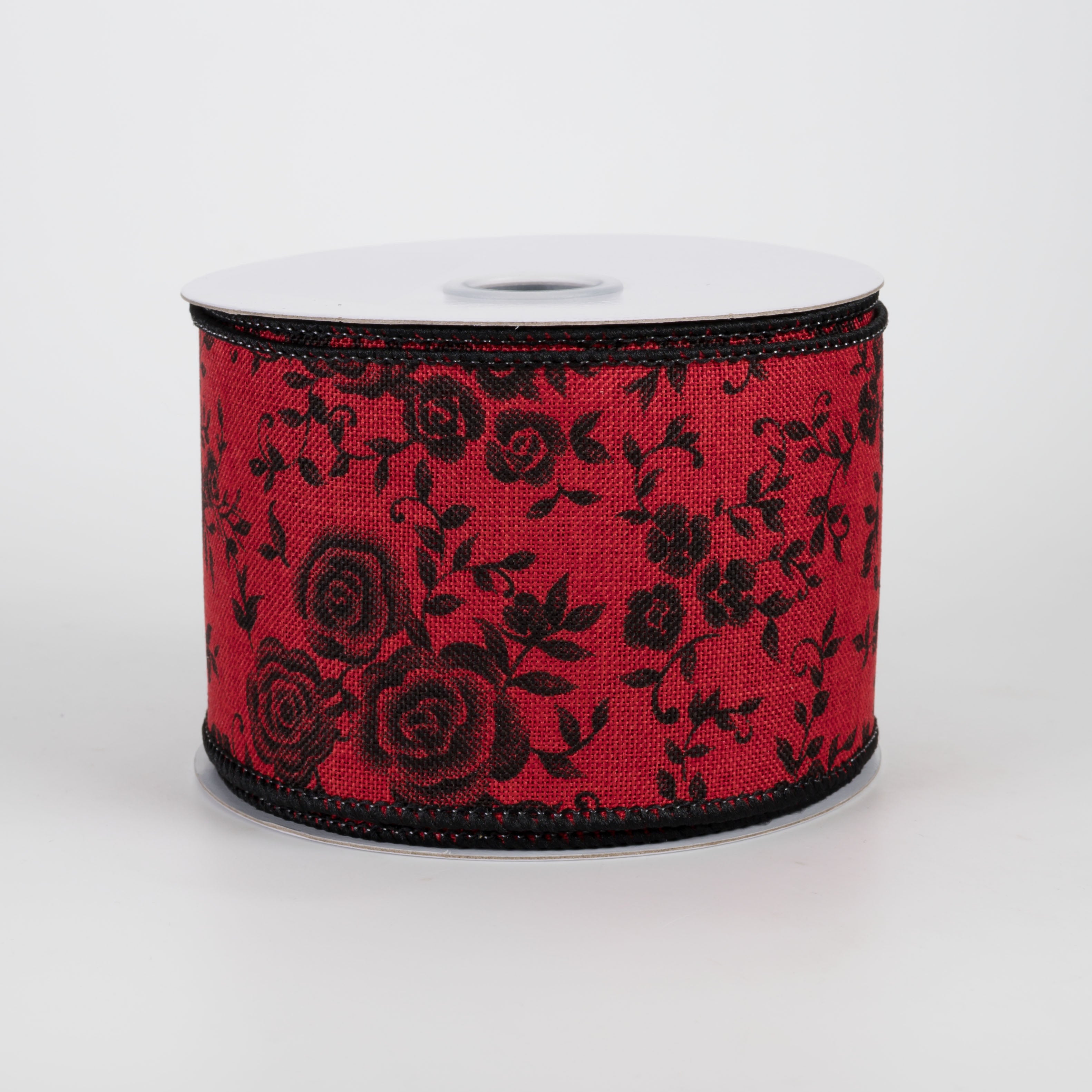 2.5" Mini Roses Floral Ribbon: Black on Red (10 Yards)
