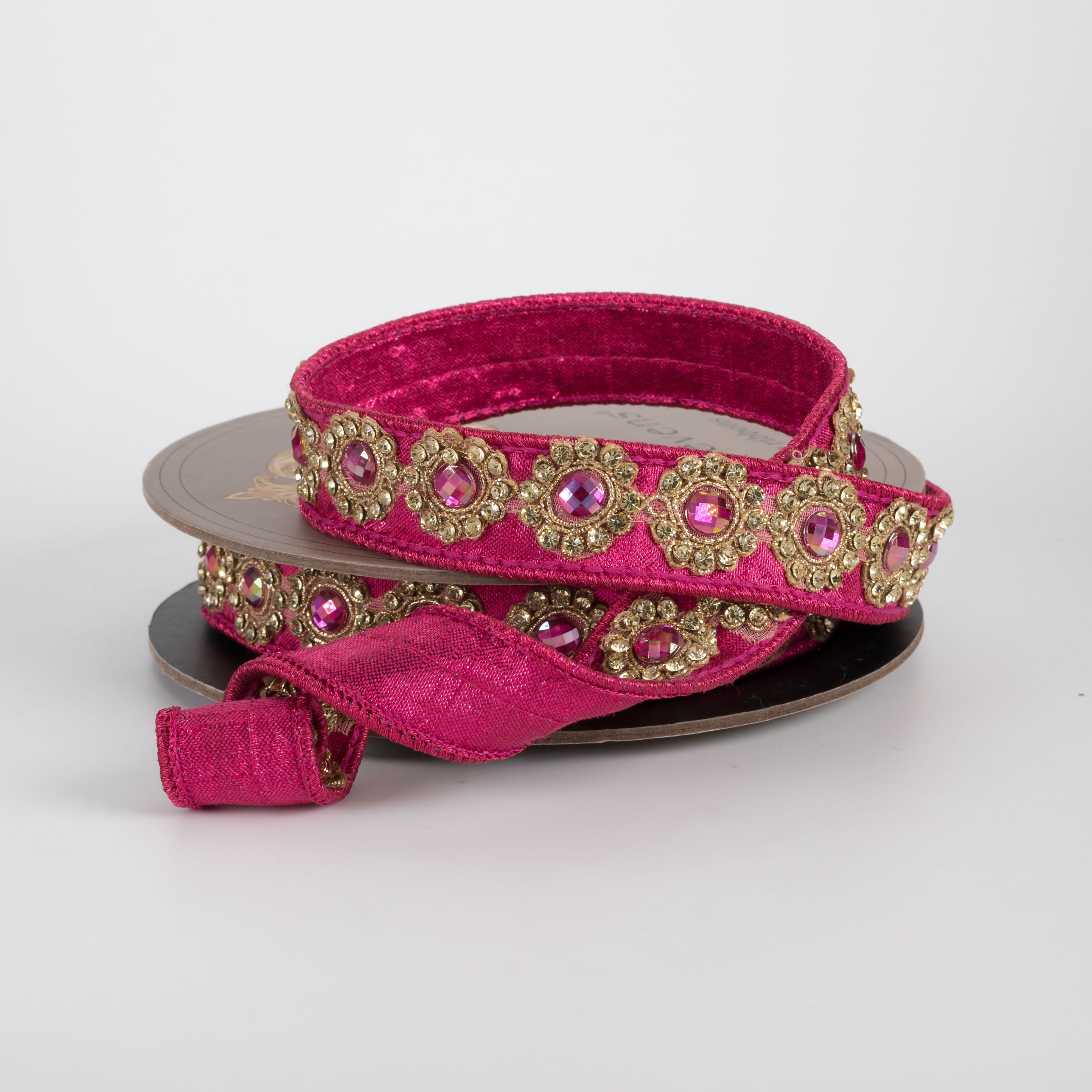 [D Stevens] 1" Metallic Dupioni Floral Jewel Ribbon: Hot Pink & Gold (5 Yards)