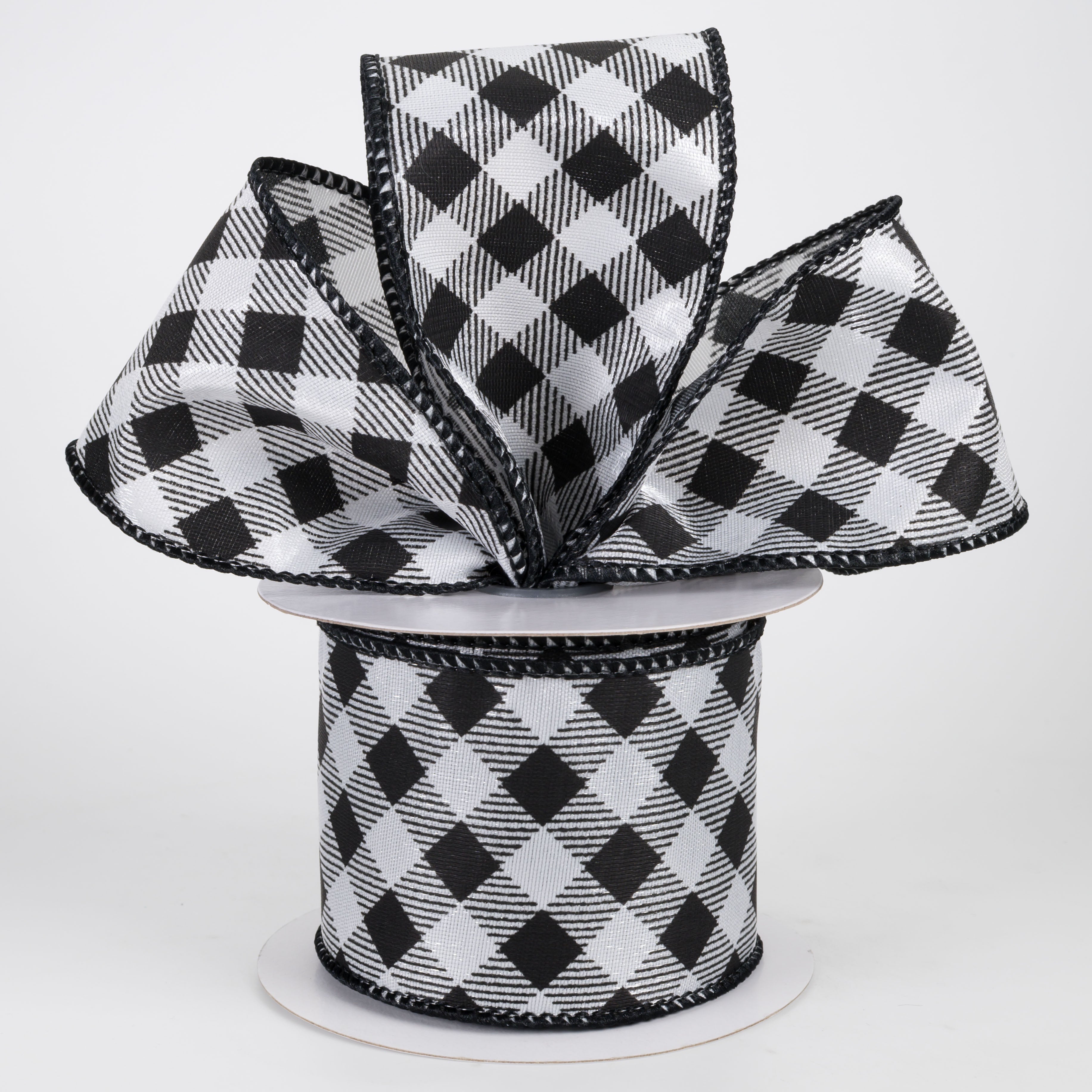 2.5" Diagonal Check Ribbon: White & Black (10 Yards)