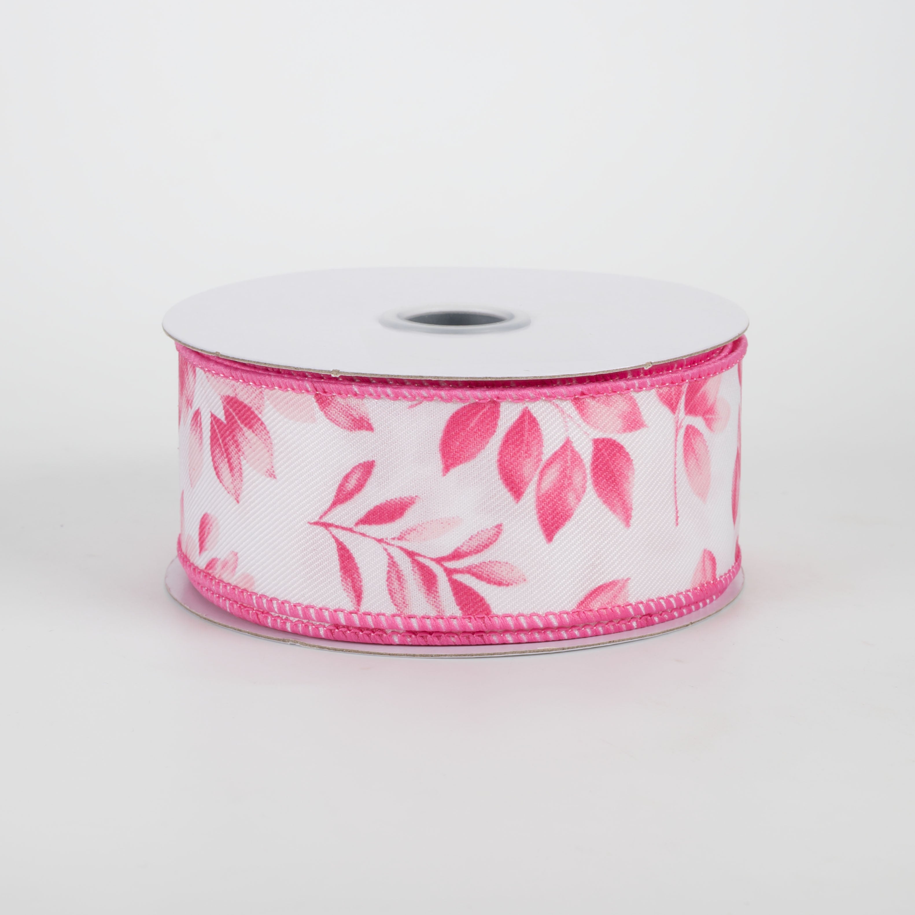 1.5" Greenery Leaves Ribbon: Pinks on White (10 Yards)