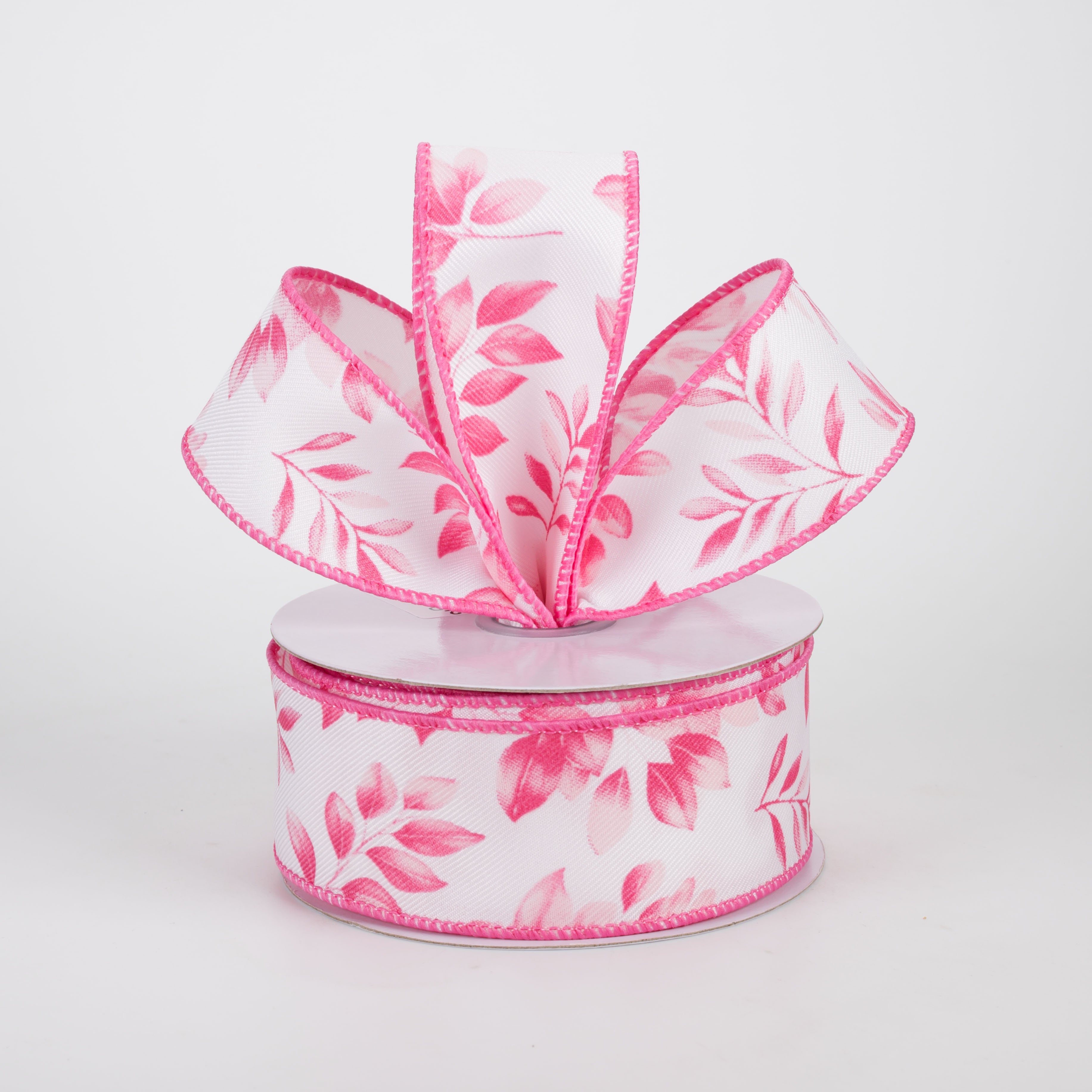 1.5" Greenery Leaves Ribbon: Pinks on White (10 Yards)