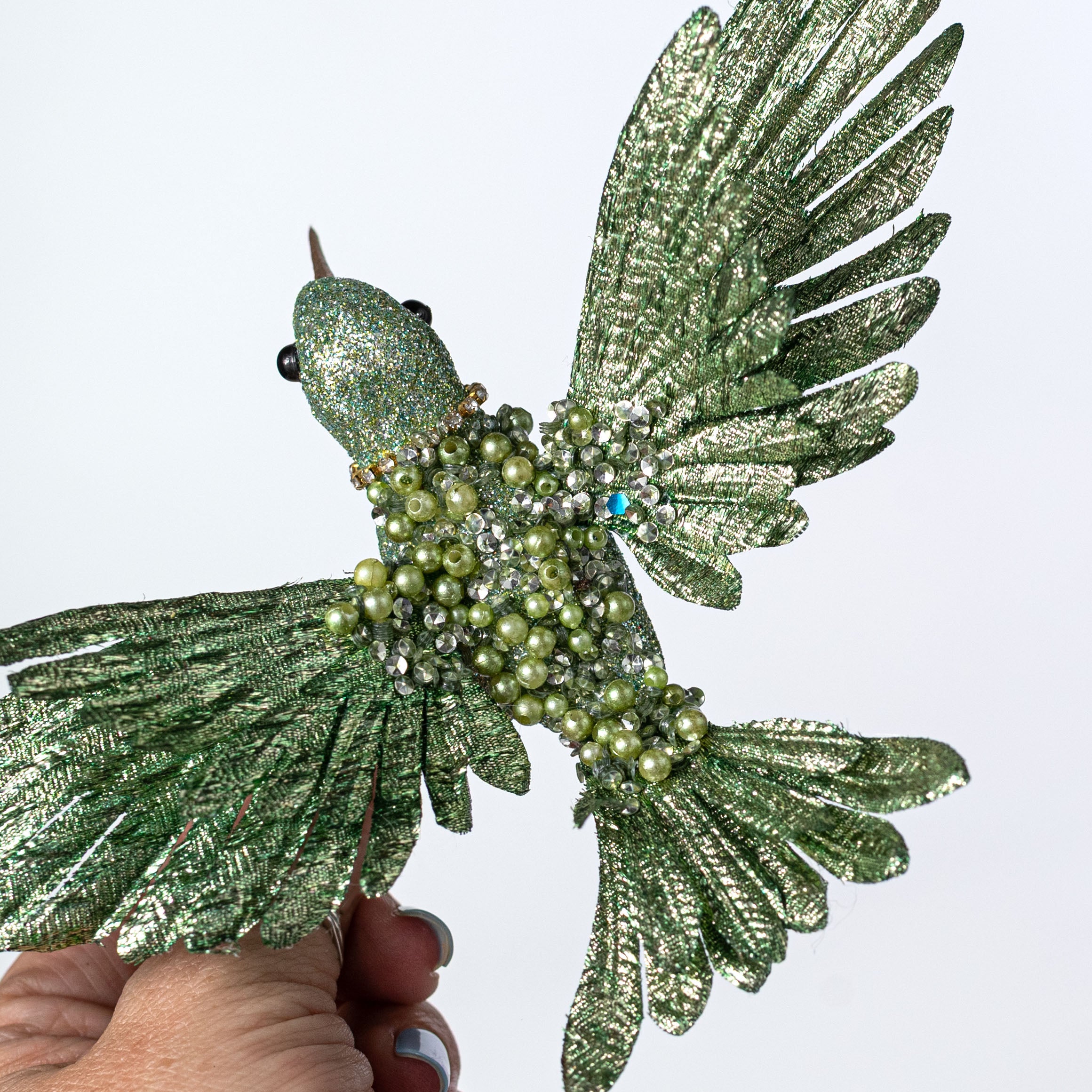 8" Glittered & Jeweled Hummingbird Clip Ornament: Mint Green