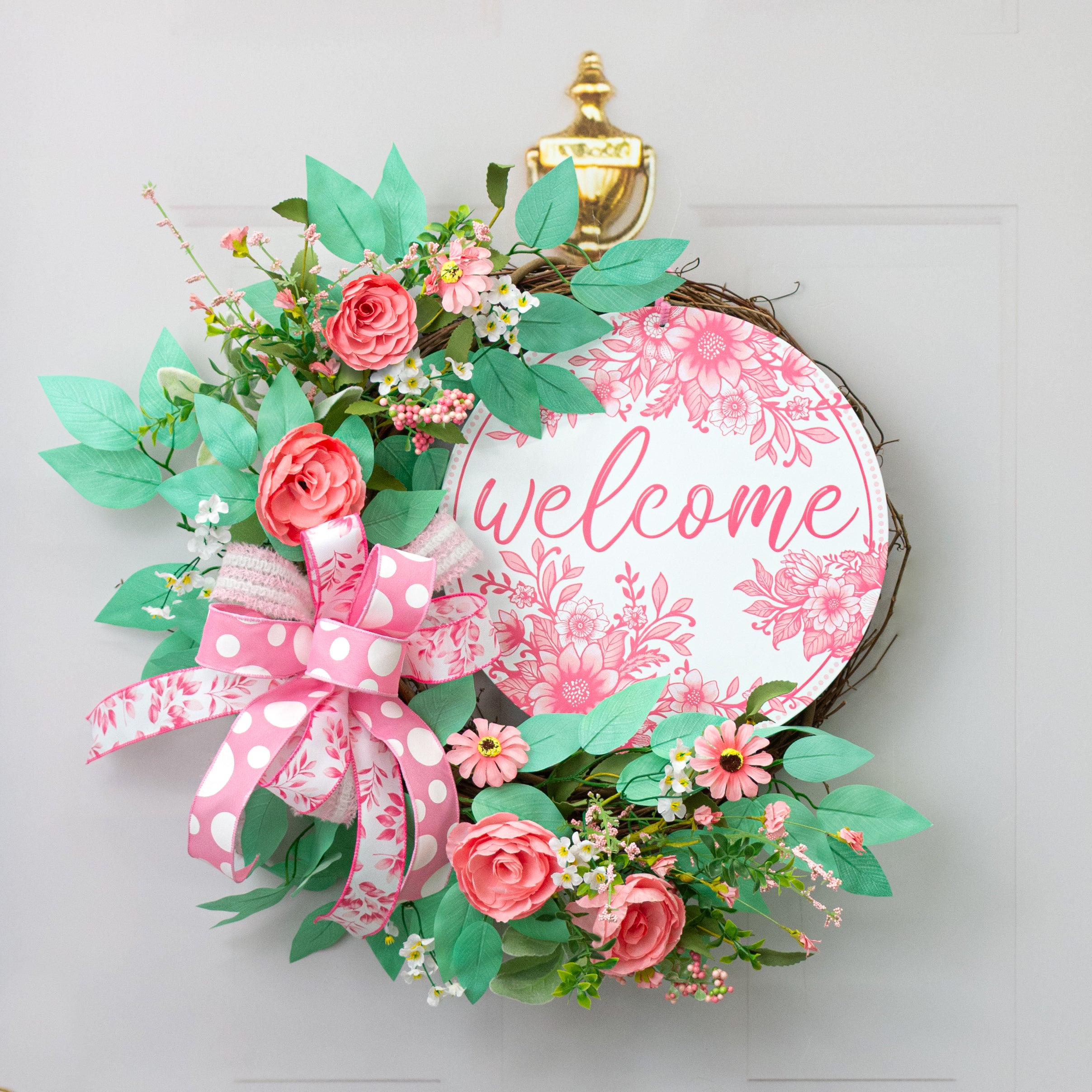 12" Metal Sign: Welcome Chinoiserie Floral Pink