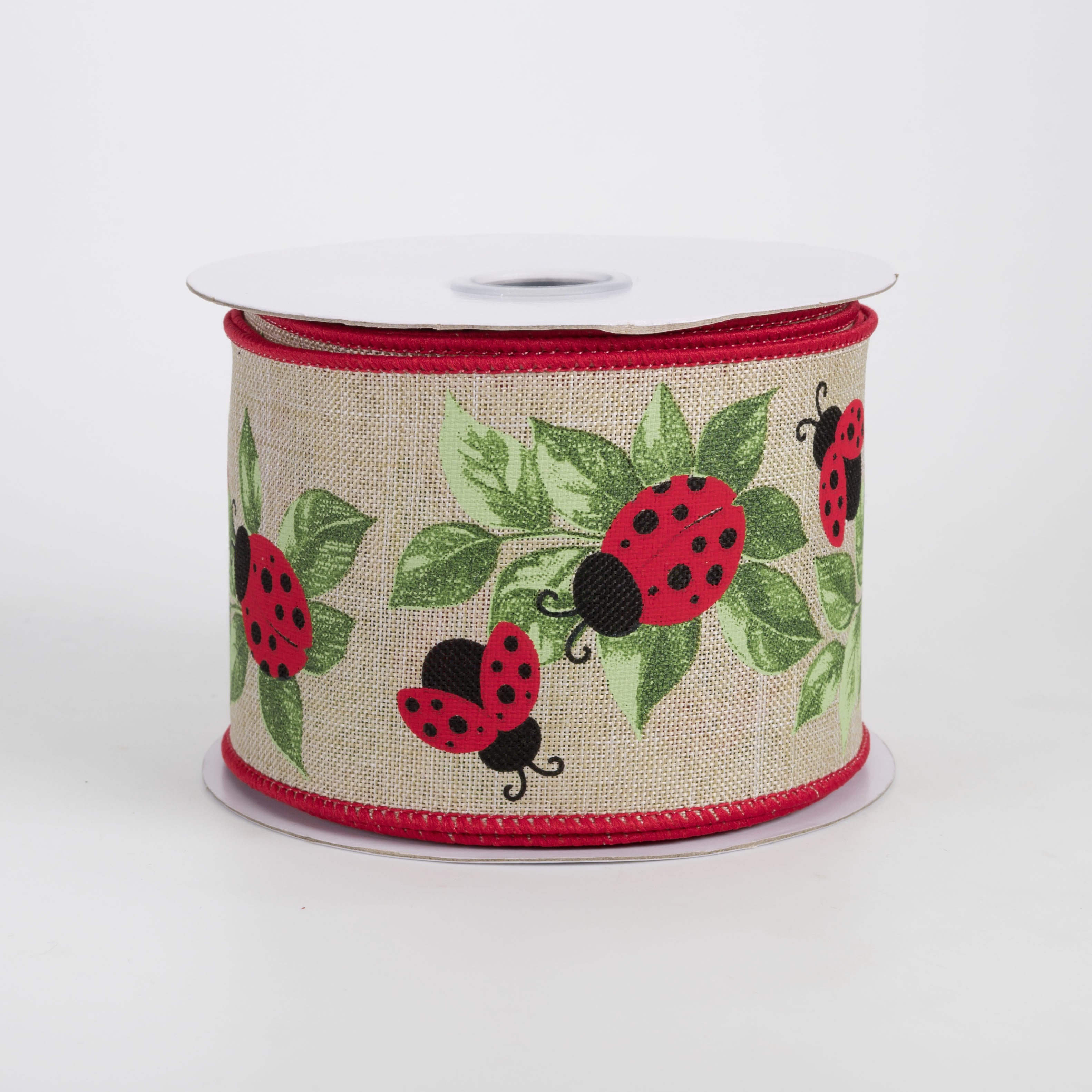 2.5" Ladybugs & Leaves Ribbon: Natural (10 Yards)