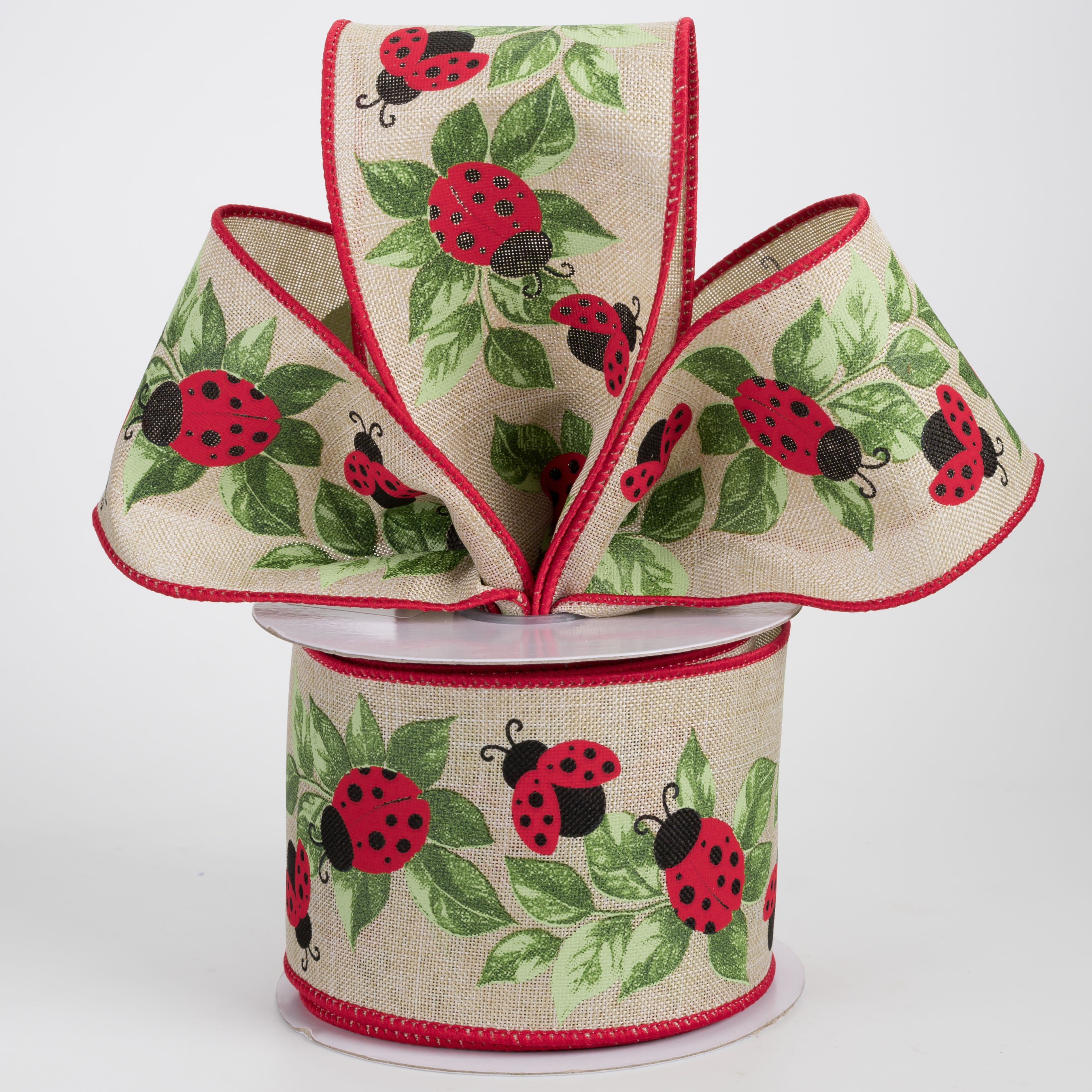 2.5" Ladybugs & Leaves Ribbon: Natural (10 Yards)