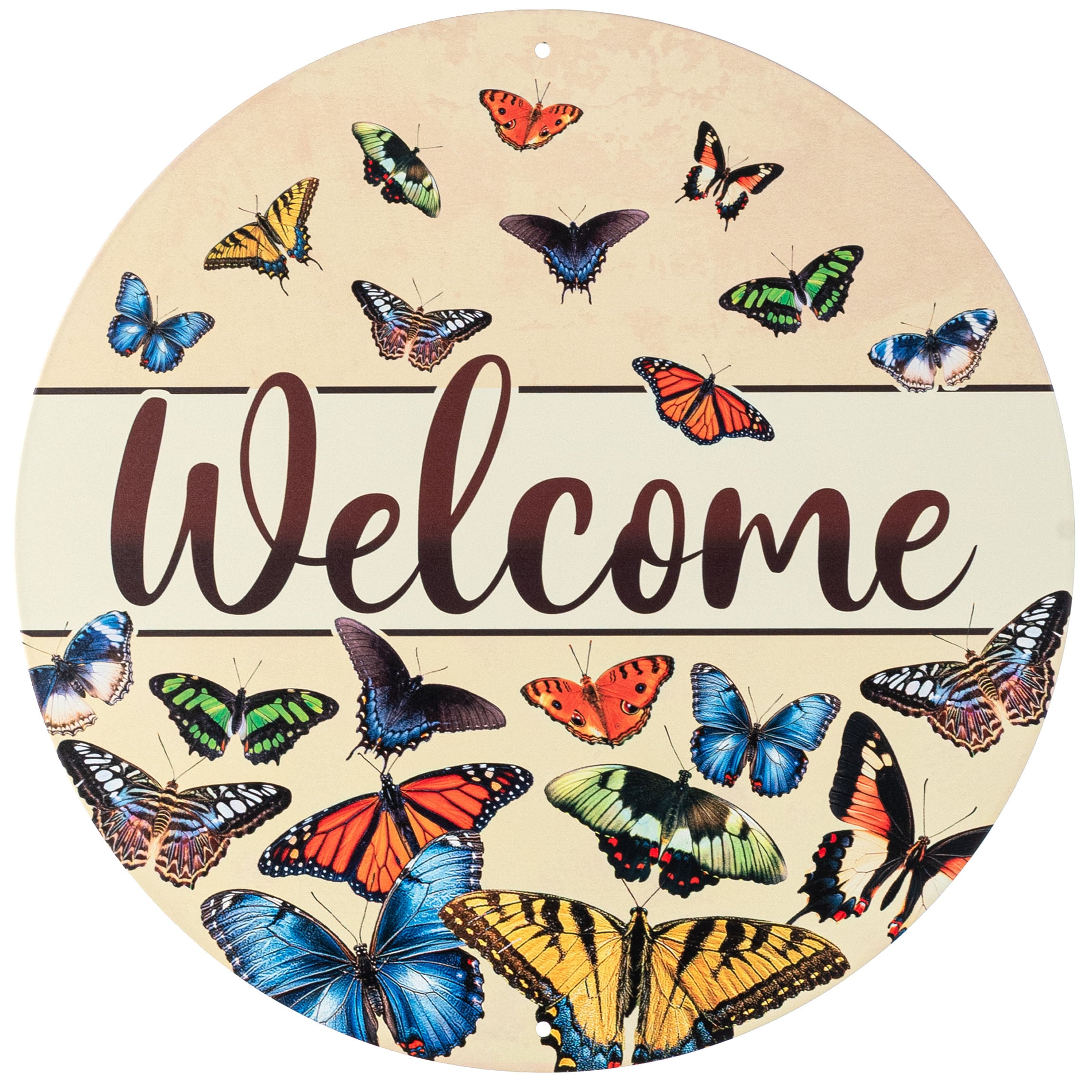 12" Metal Sign: Multicolor Butterflies Welcome