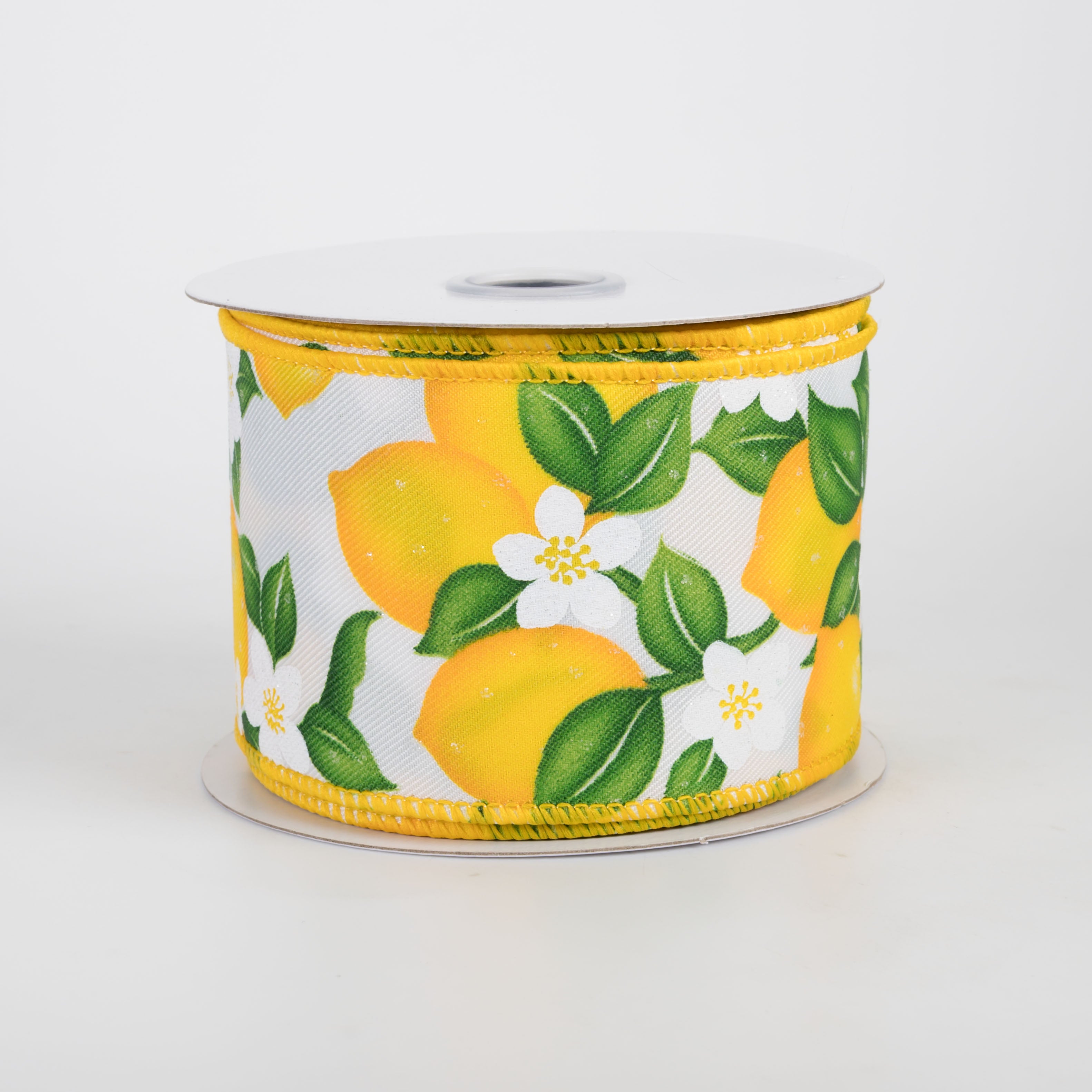 2.5" Lemons & Flowers Ribbon: White (10 Yards)