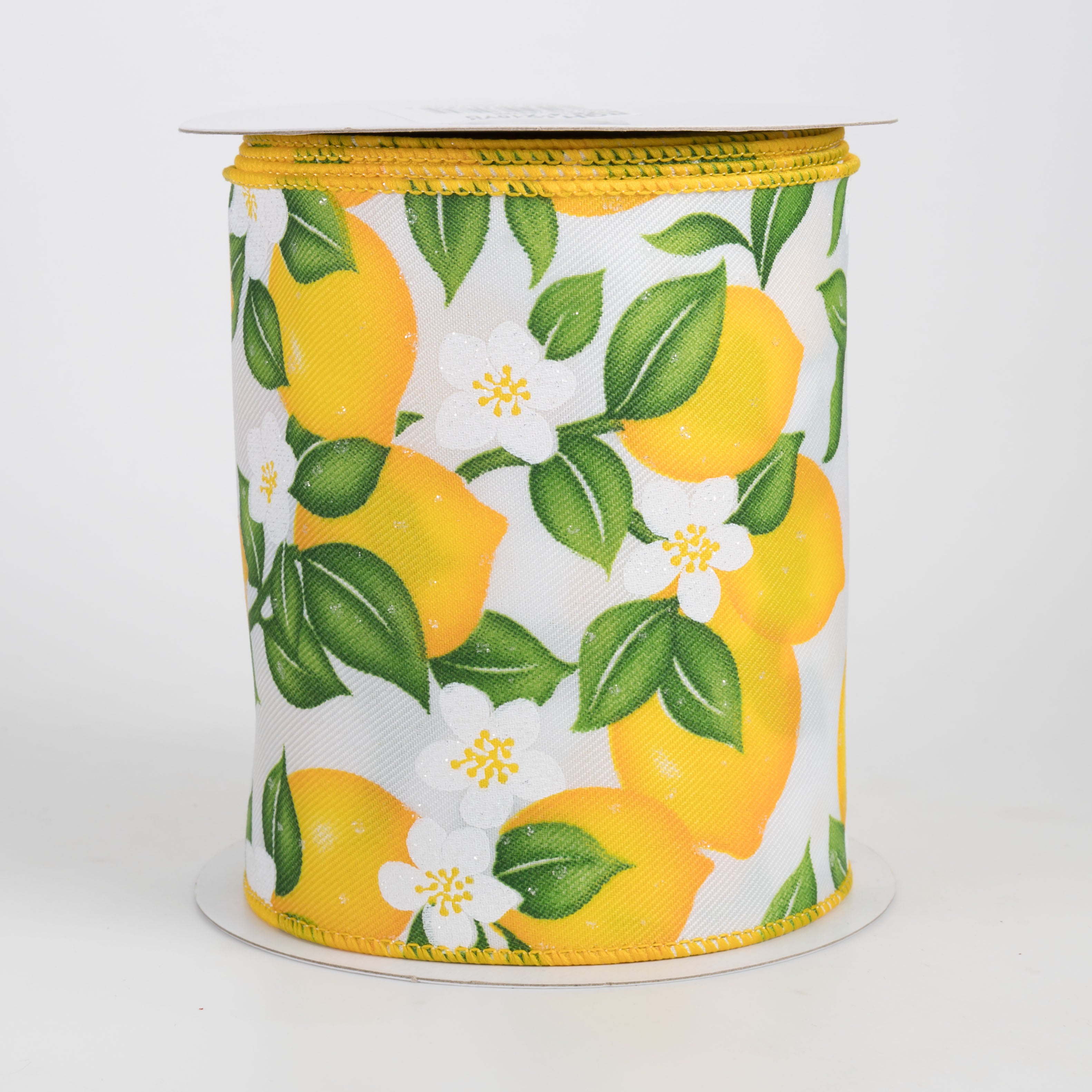 4" Lemons & Flowers Ribbon: White (10 Yards)