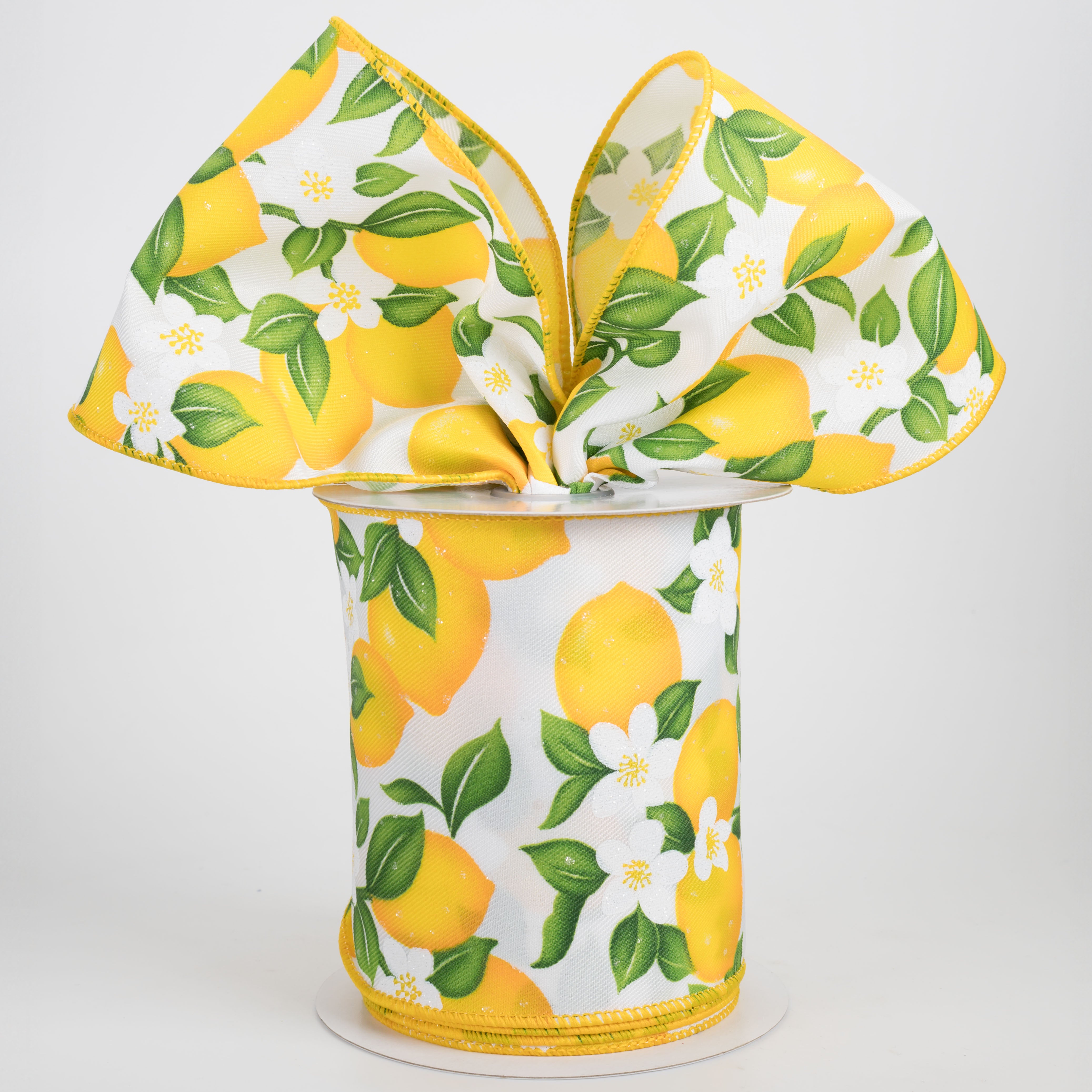 4" Lemons & Flowers Ribbon: White (10 Yards)
