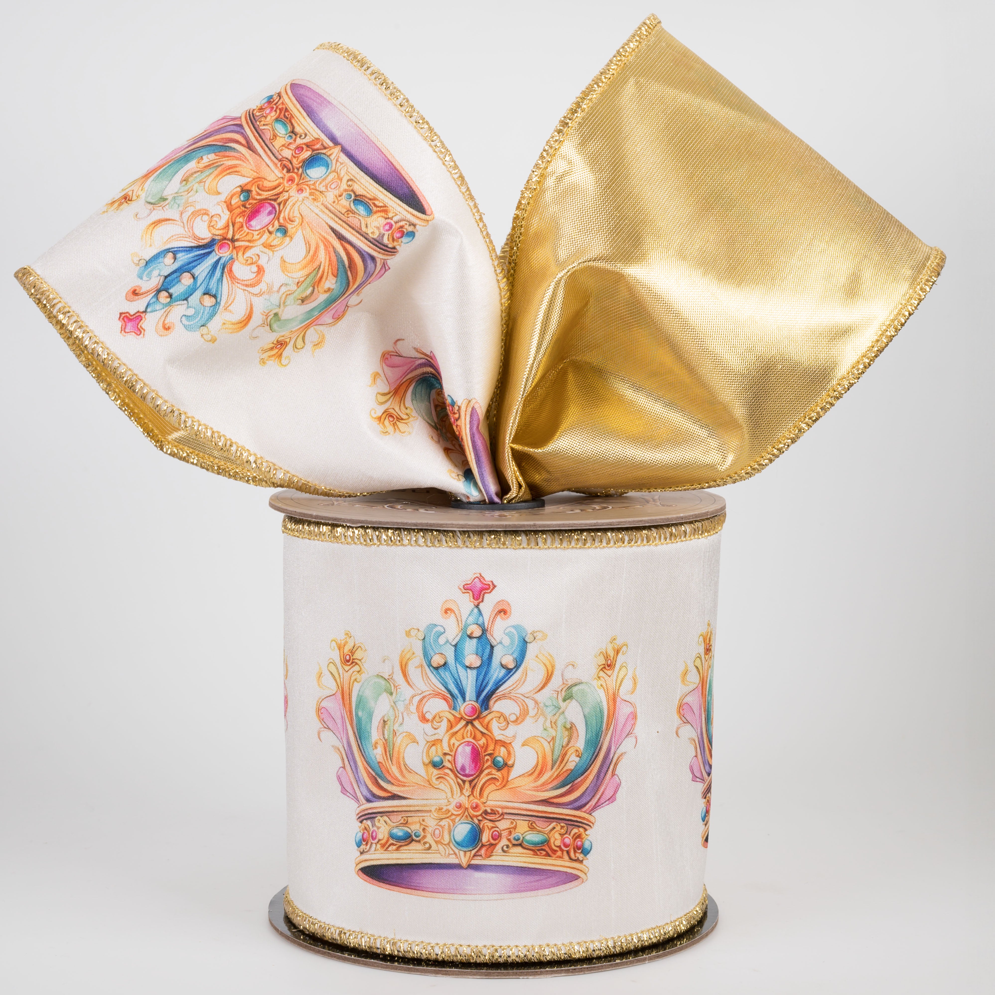 [D Stevens] 4" Satin Regal Crown Ribbon: Gold Back (10 Yards)