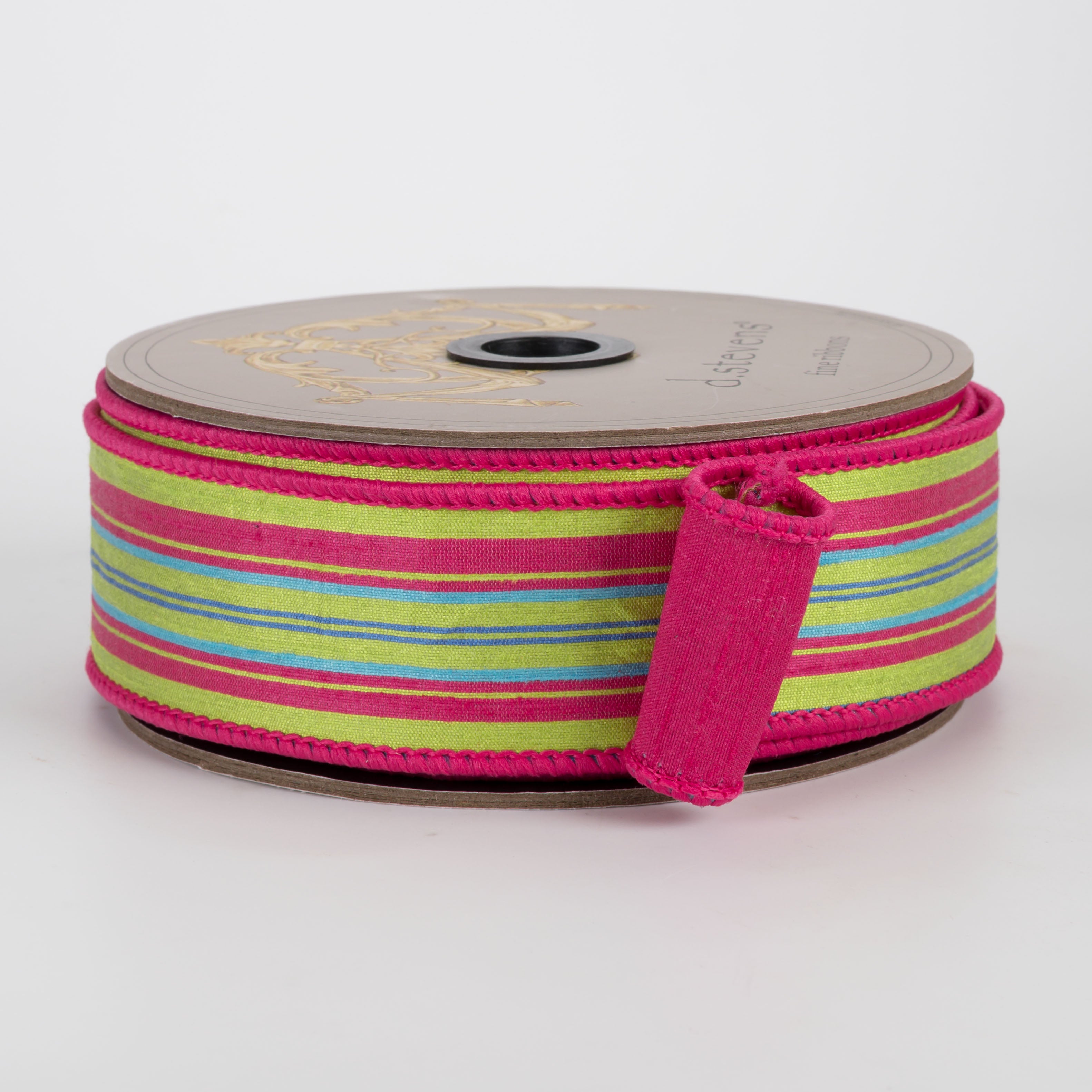 [D Stevens] 1.5" Double Sided Dupioni Multi-Stripe Ribbon: Lime, Hot Pink & Teal (10 Yards)