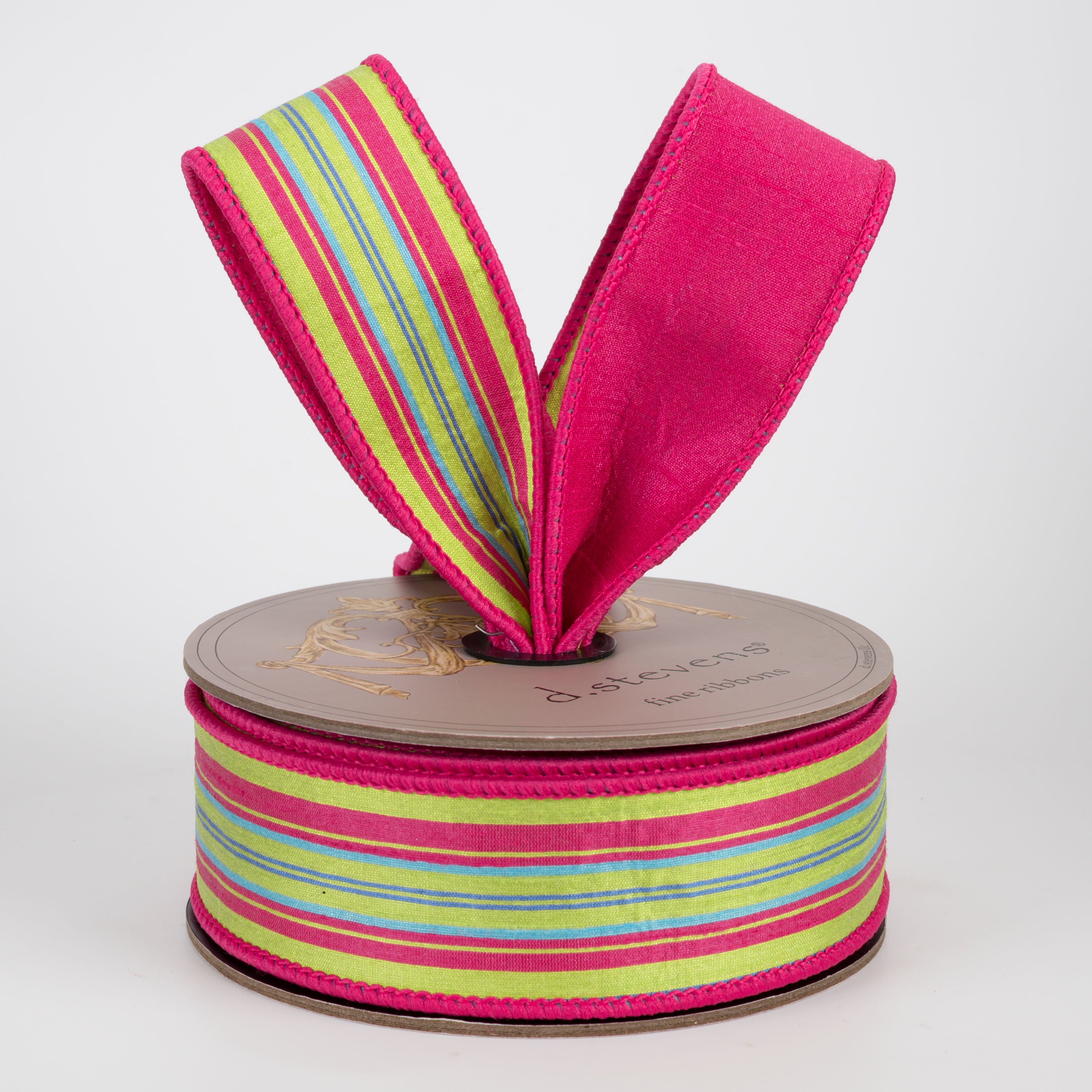 [D Stevens] 1.5" Double Sided Dupioni Multi-Stripe Ribbon: Lime, Hot Pink & Teal (10 Yards)