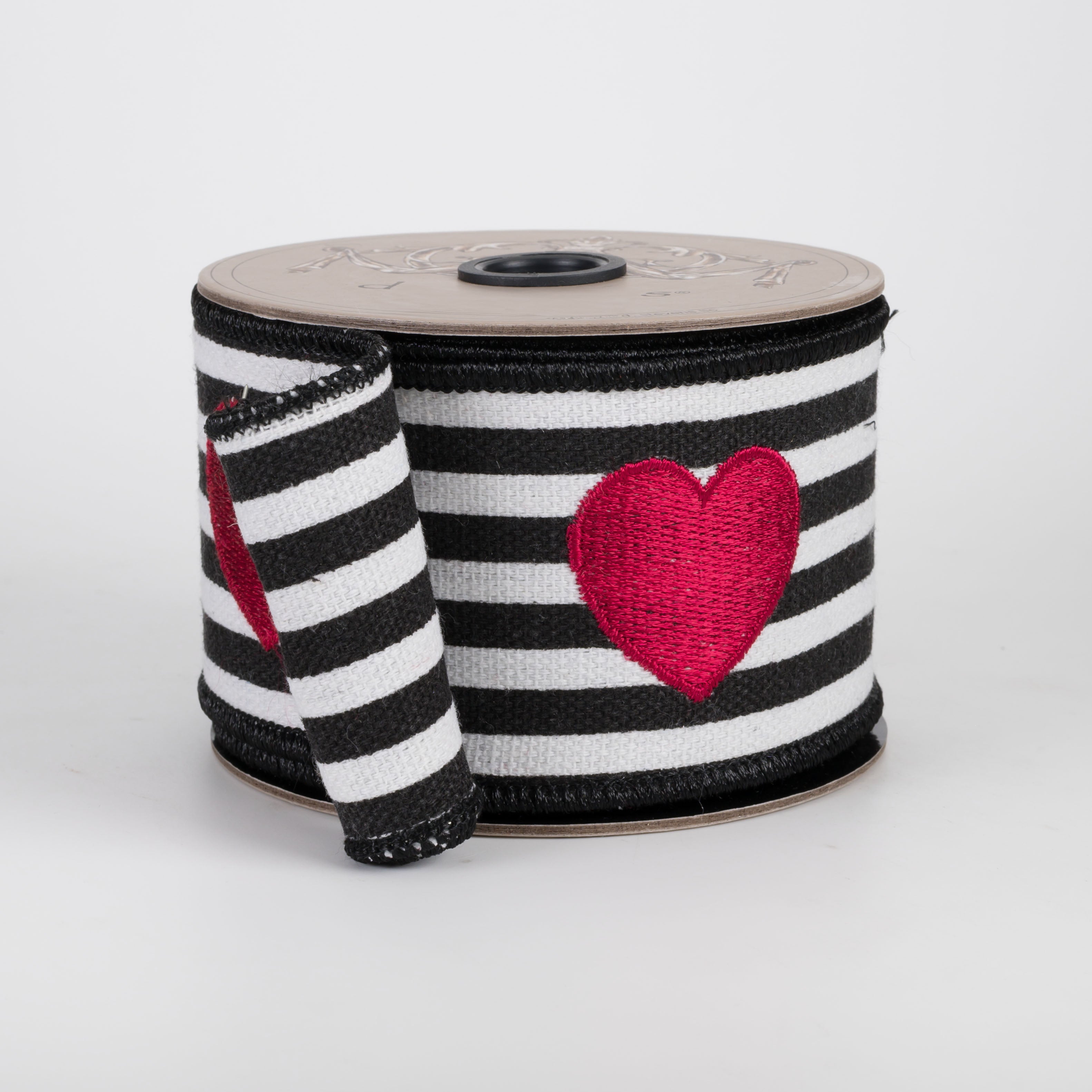 [D Stevens] 2.5" Canvas Stripes & Embroidered Red Hearts Ribbon: Black & White (5 Yards)
