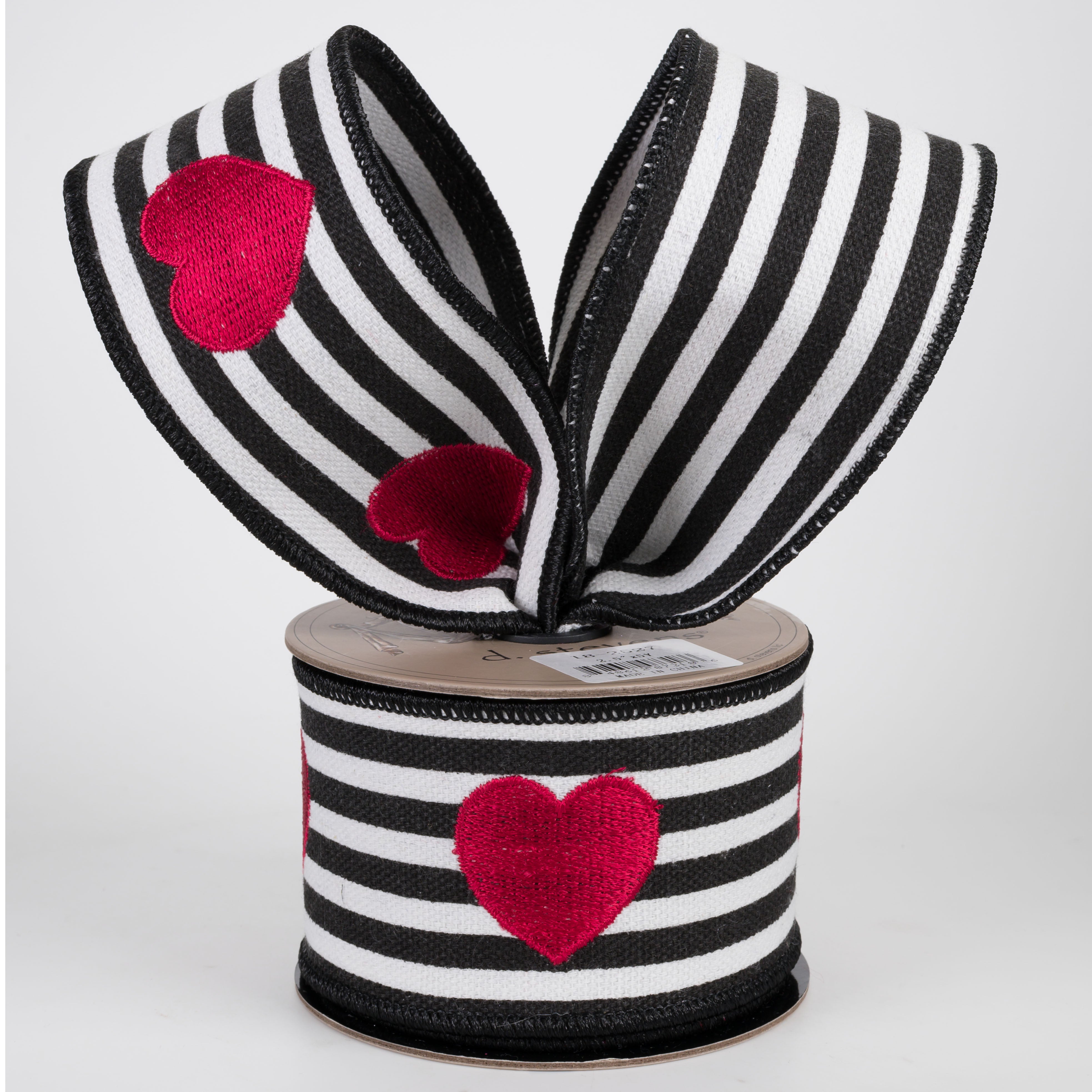 [D Stevens] 2.5" Canvas Stripes & Embroidered Red Hearts Ribbon: Black & White (5 Yards)