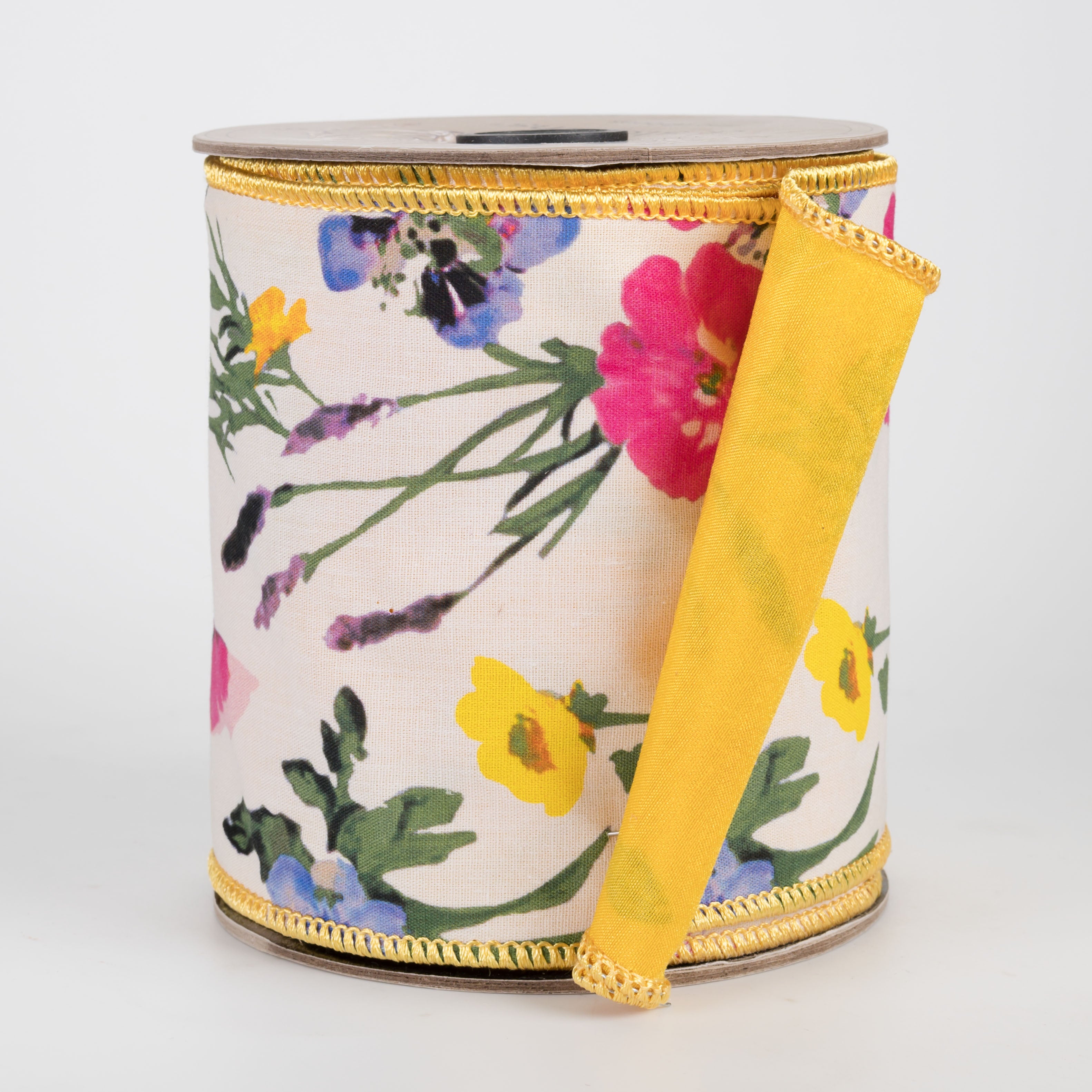 [D Stevens] 4" Poplin Wildflowers & Dupioni Ribbon: Yellow (10 Yards)