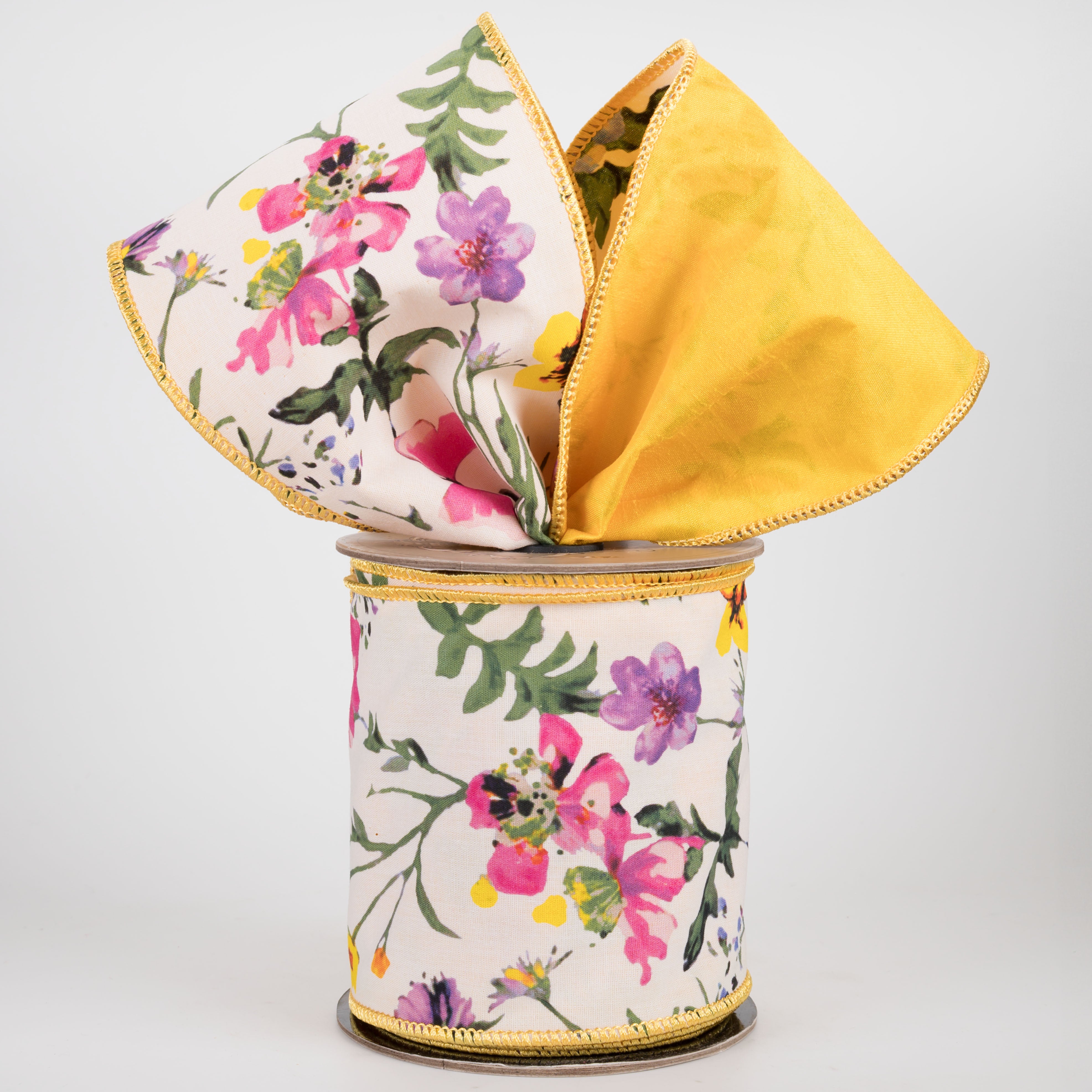 [D Stevens] 4" Poplin Wildflowers & Dupioni Ribbon: Yellow (10 Yards)