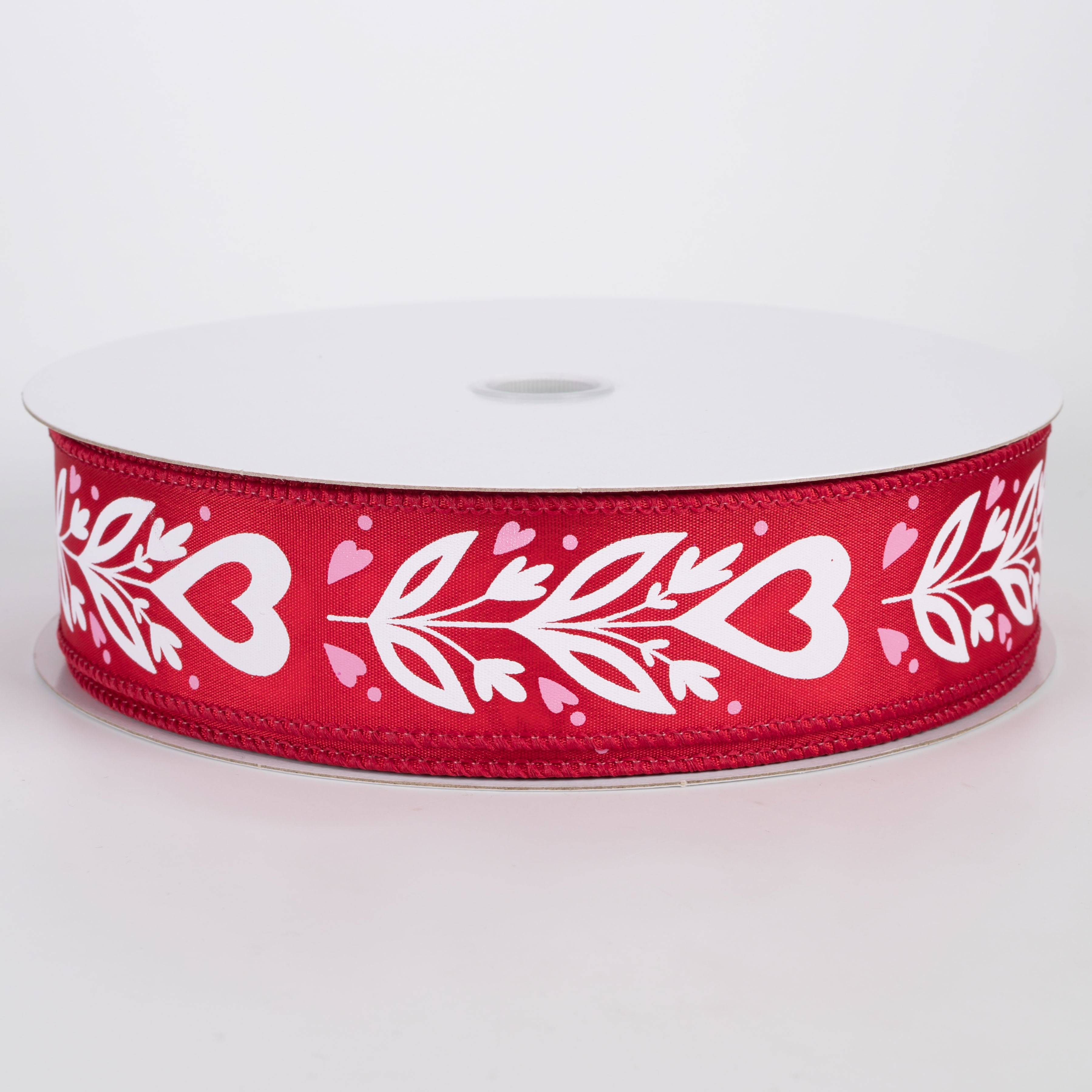 1.5" Satin Flower Hearts Ribbon: Pink & White on Red (50 Yards)