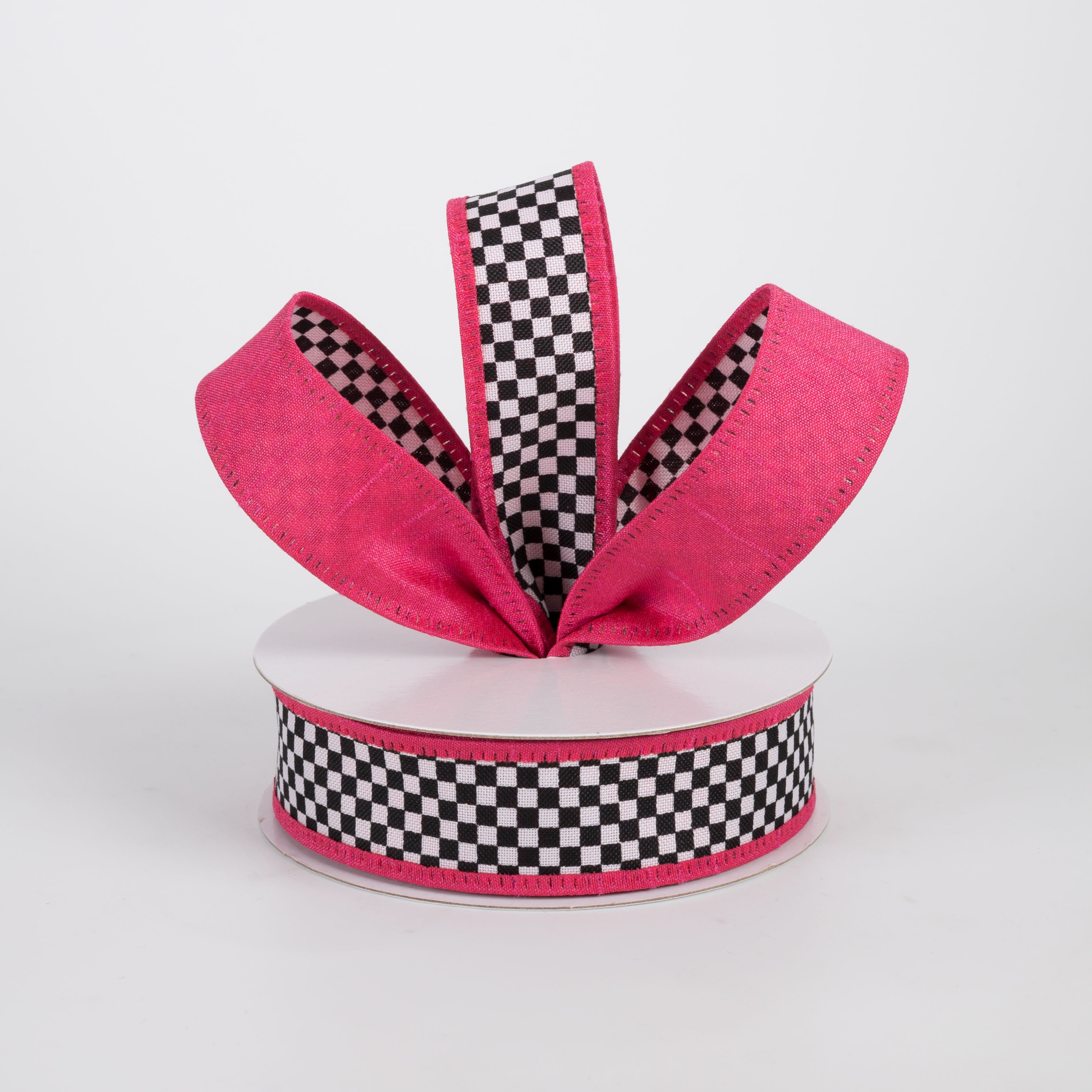 1" Double Sided Black & White Check & Dupioni Ribbon: Hot Pink (10 Yards)