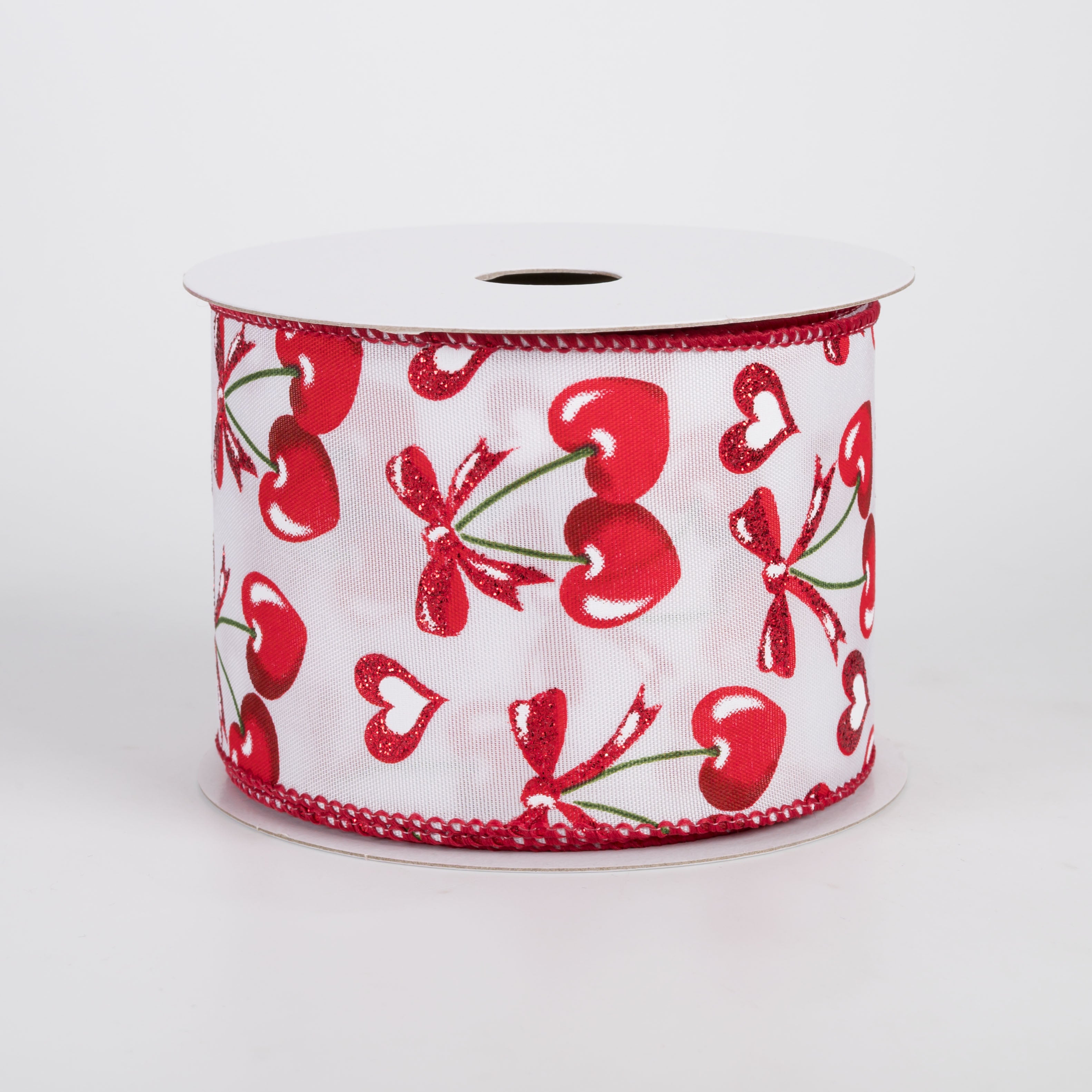 2.5" Satin Red Heart Cherries & Bows Ribbon: White (10 Yards)