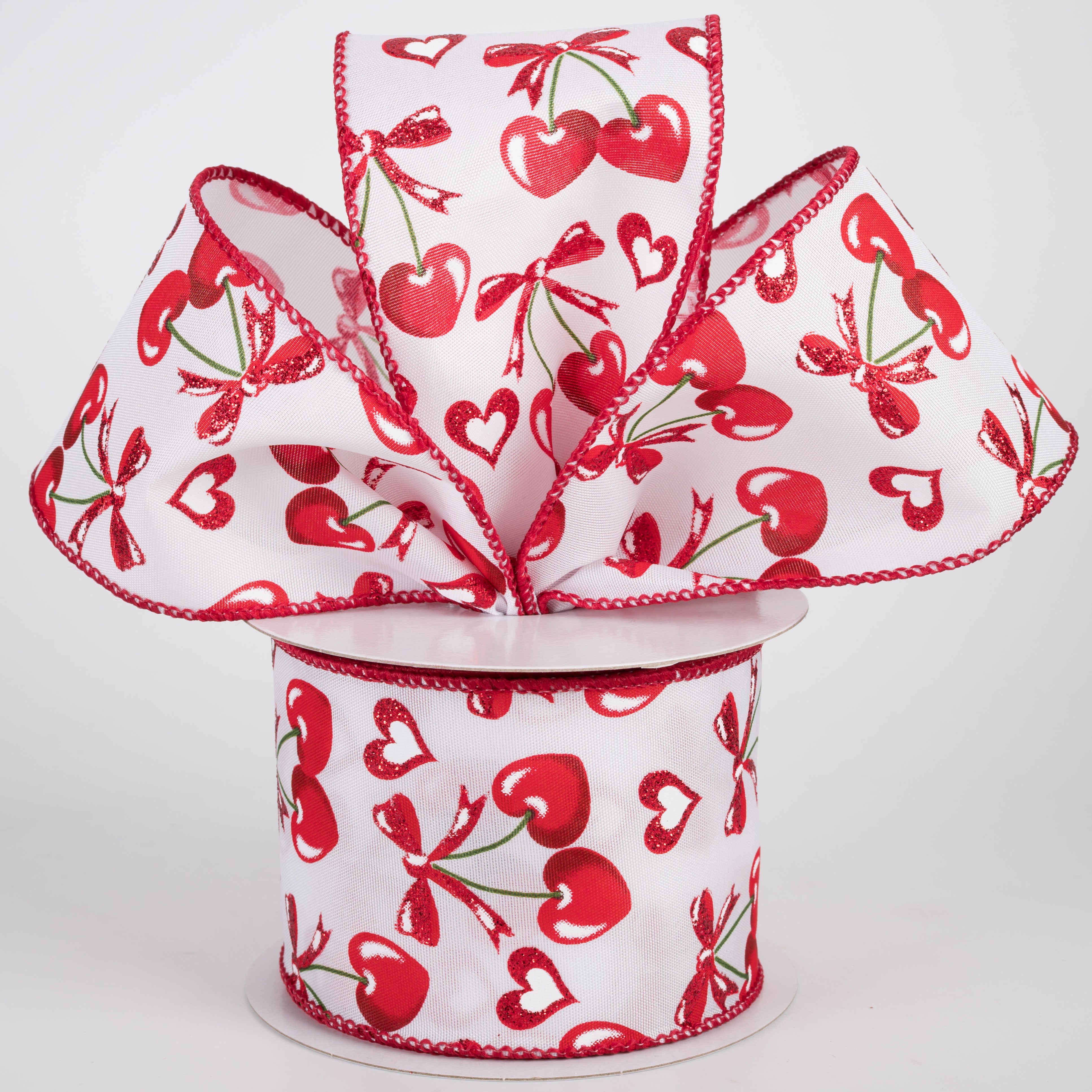 2.5" Satin Red Heart Cherries & Bows Ribbon: White (10 Yards)