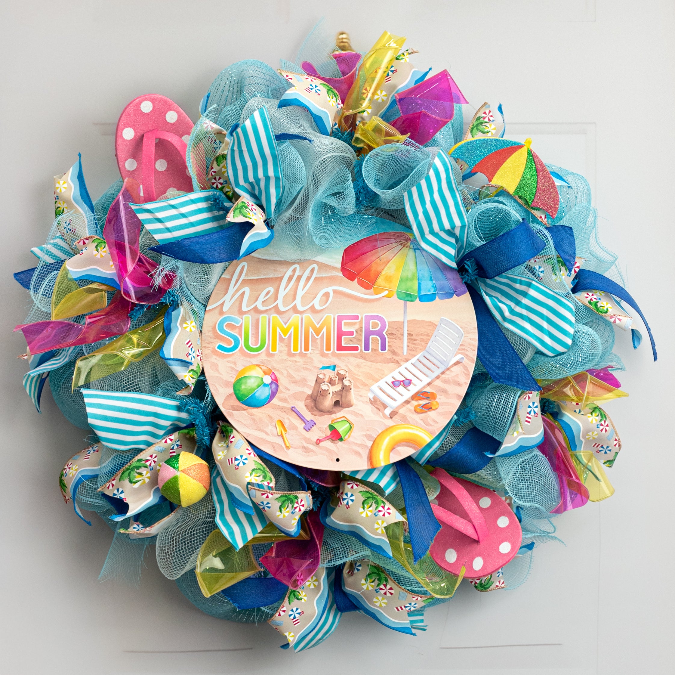 12" Round Metal Sign: Hello Summer Beach