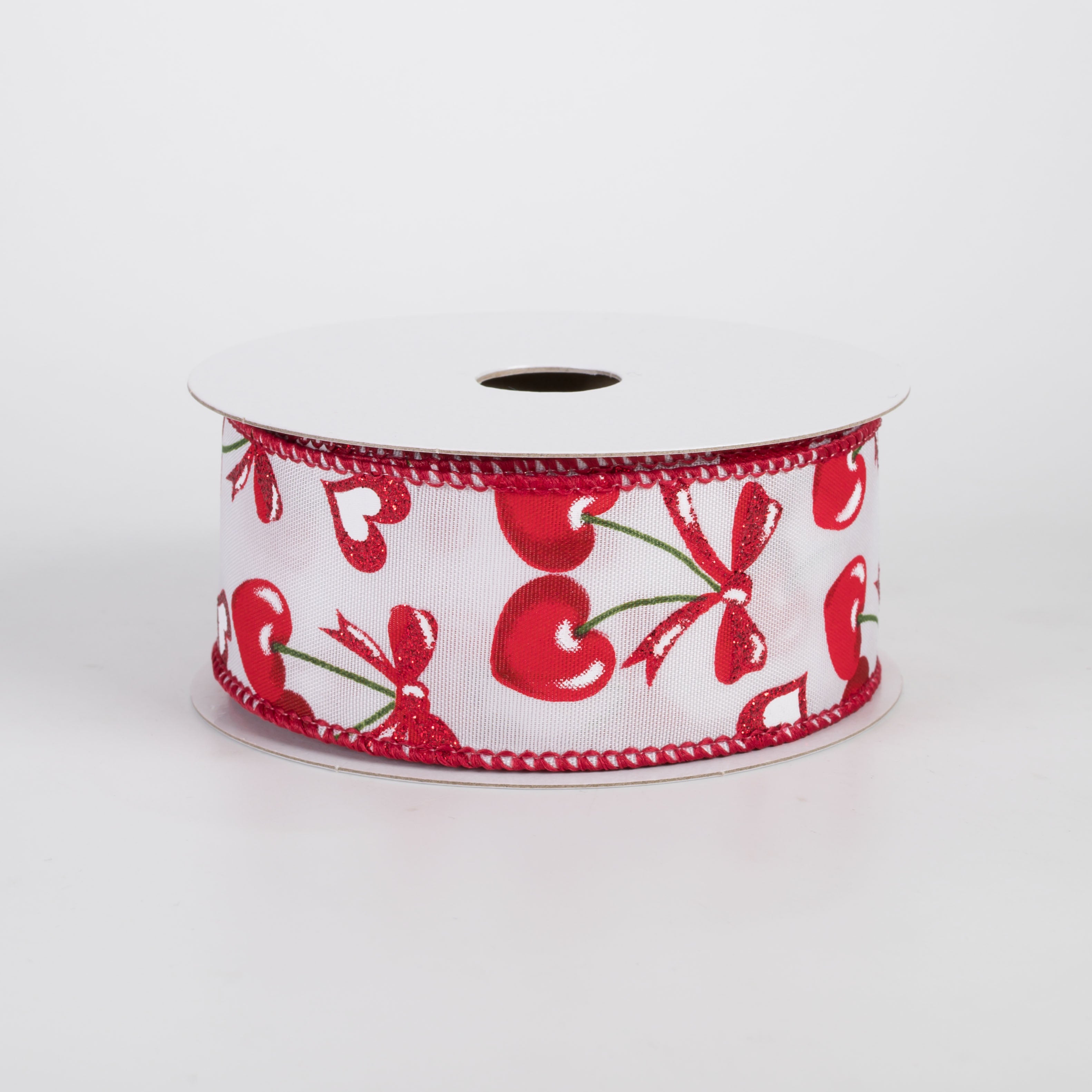 1.5" Satin Red Heart Cherries & Bows Ribbon: White (10 Yards)