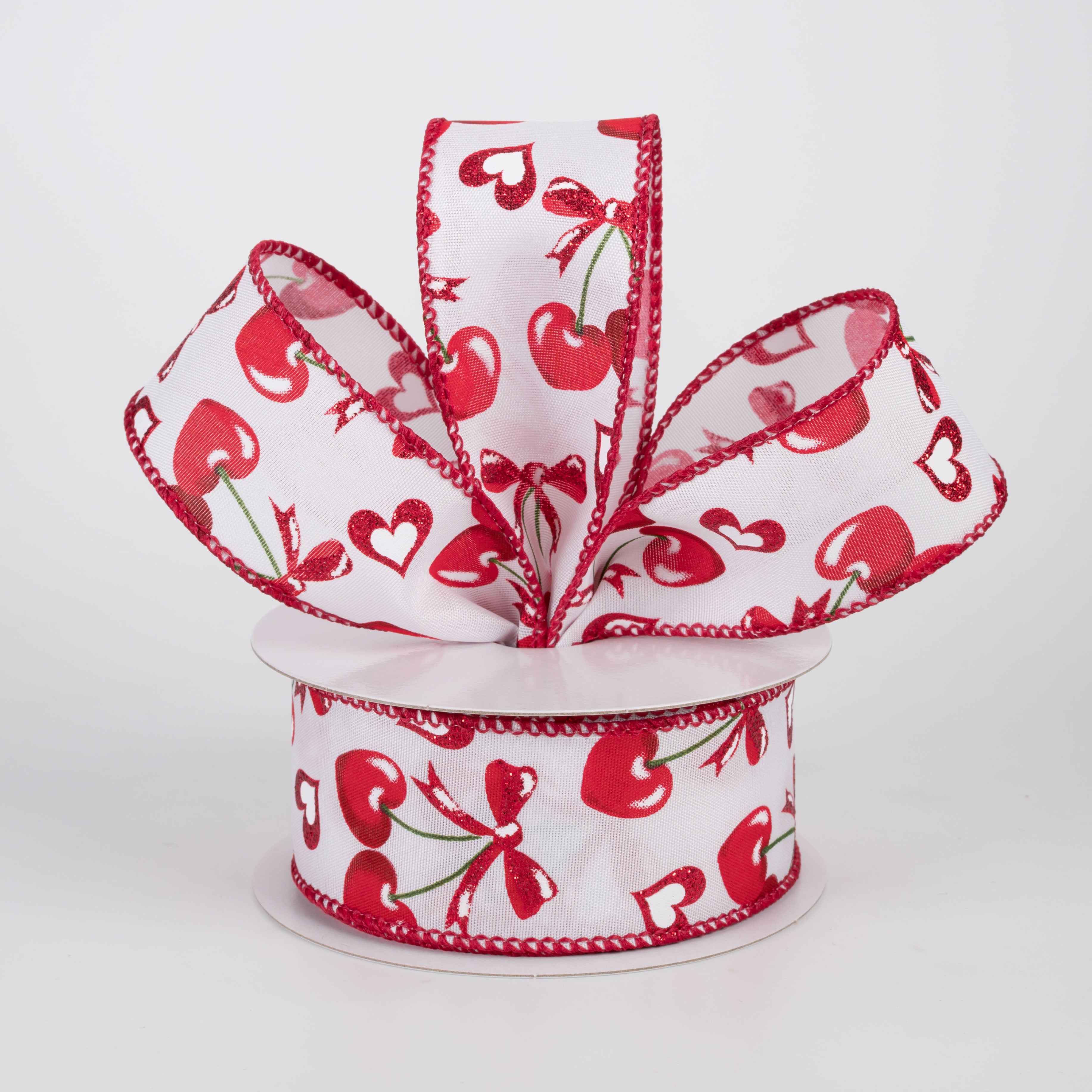 1.5" Satin Red Heart Cherries & Bows Ribbon: White (10 Yards)