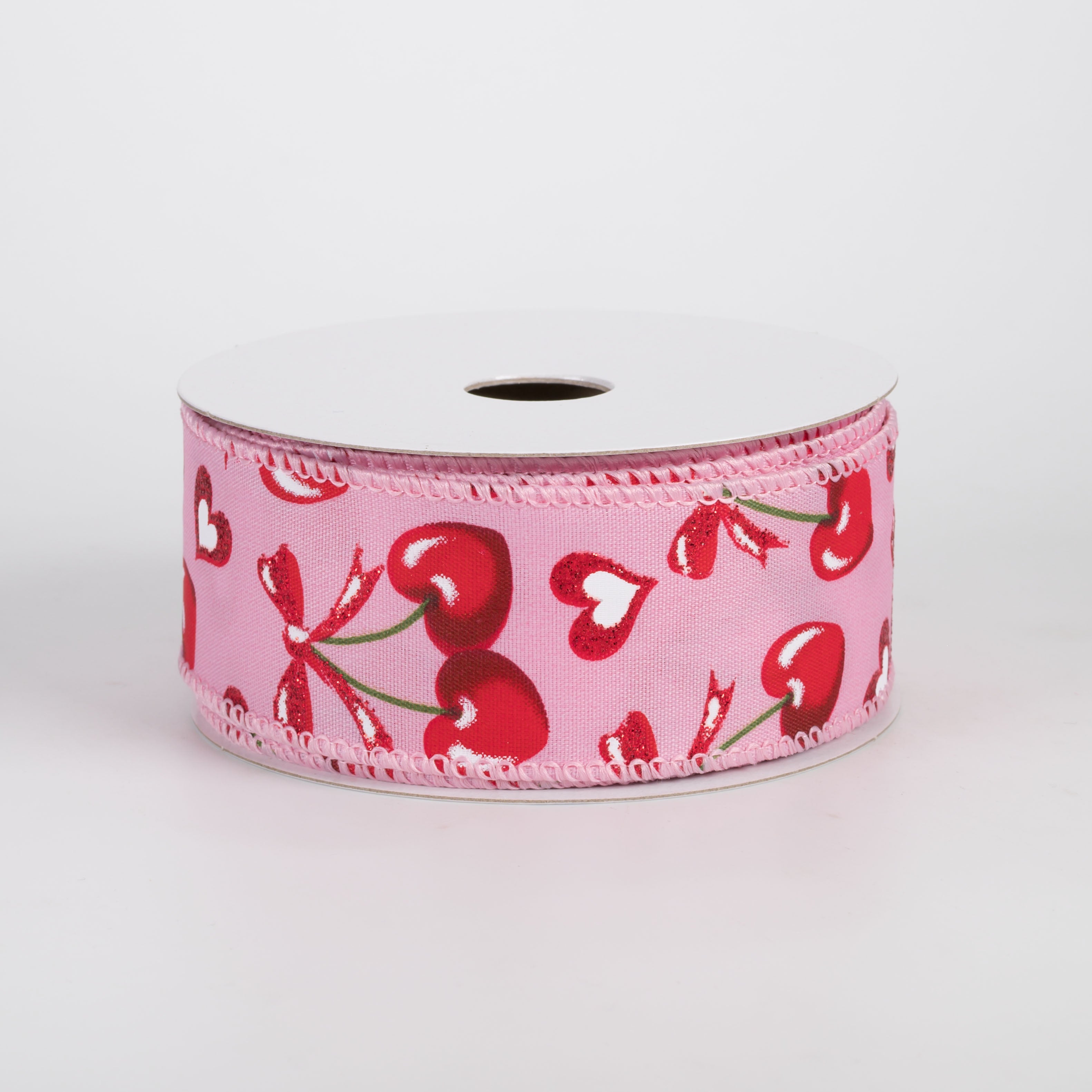1.5" Satin Red Heart Cherries & Bows Ribbon: Pink (10 Yards)