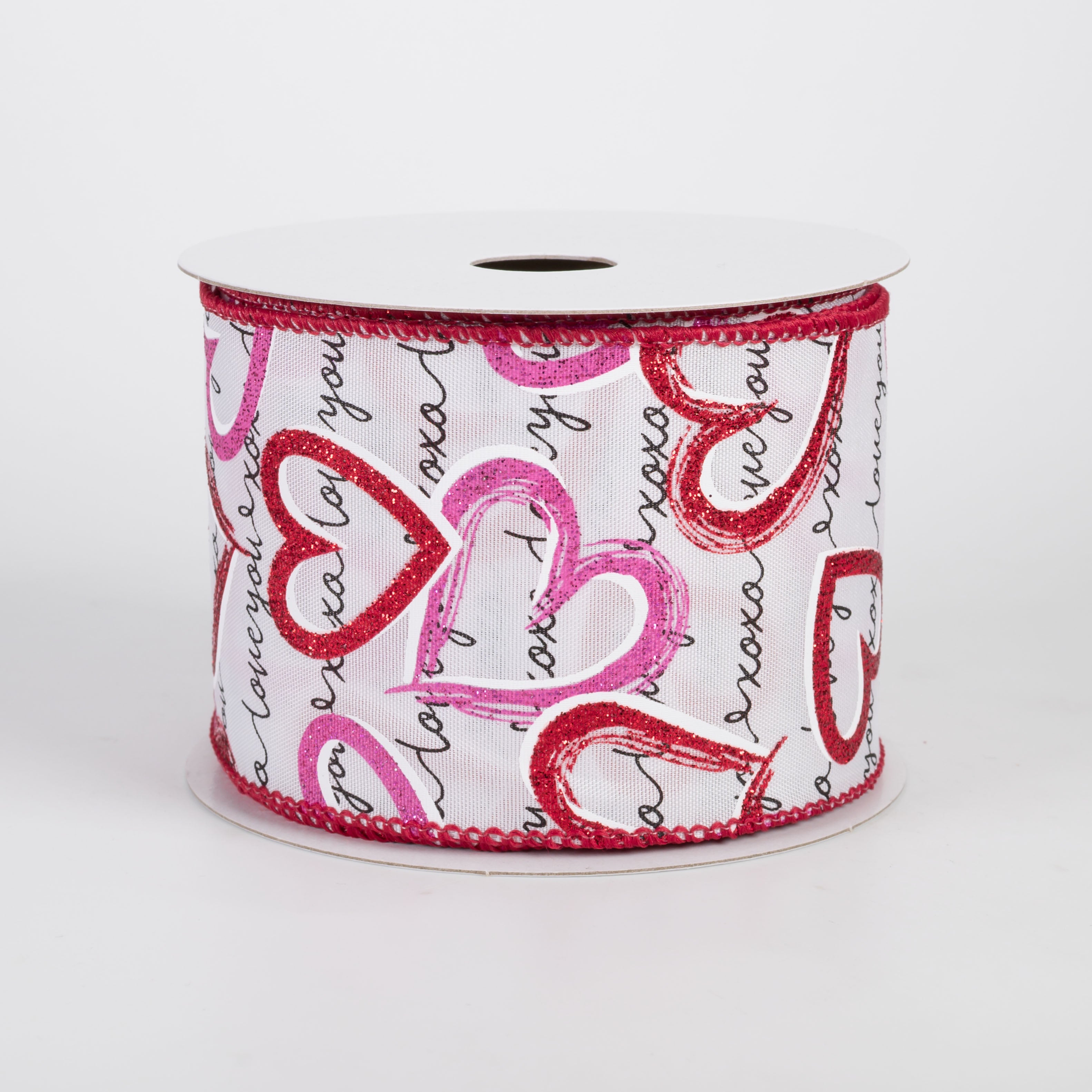 2.5" Love Book Script With Pink & Red Hearts Ribbon: White (10 Yards)