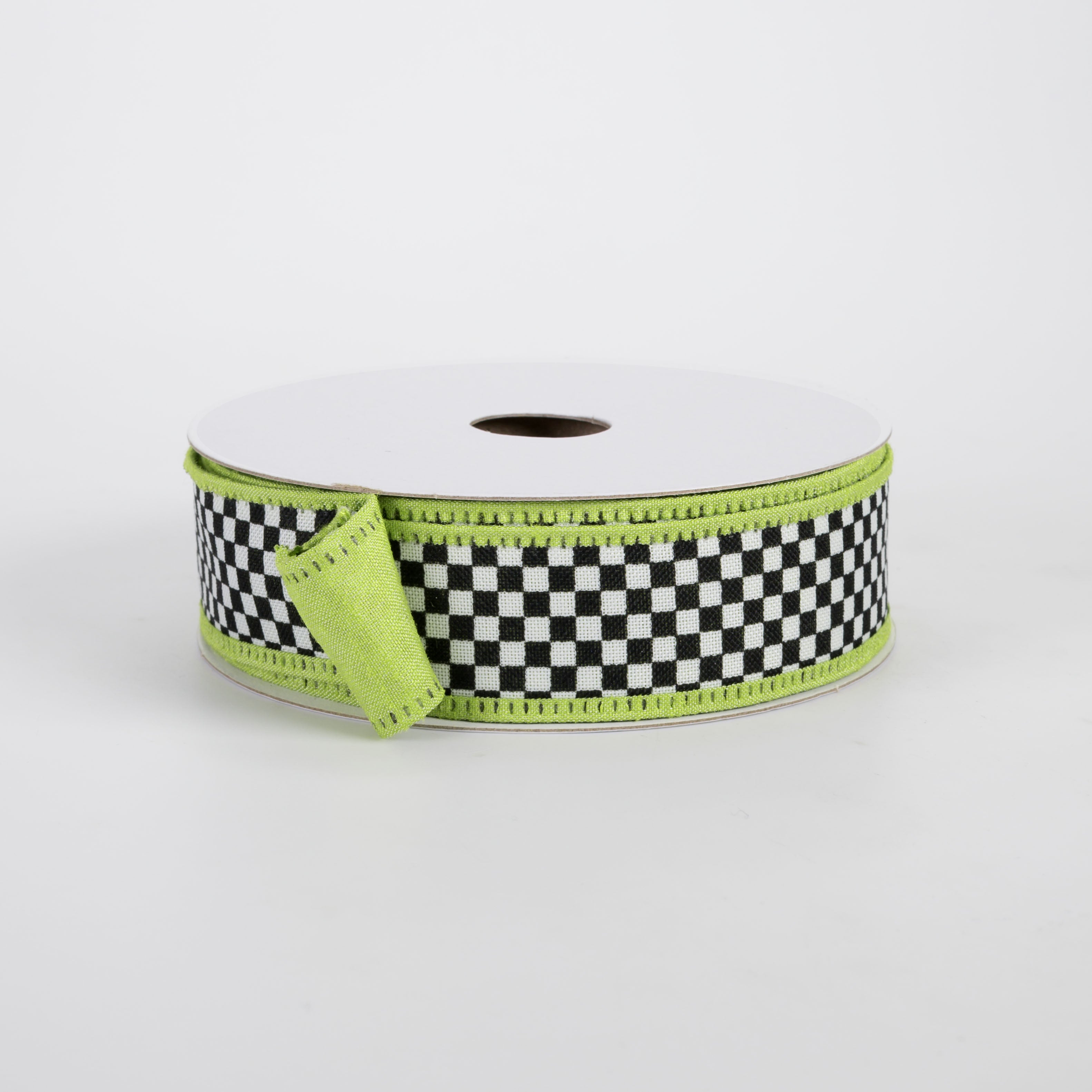 1" Double Sided Black & White Check & Dupioni Ribbon: Lime Green (10 Yards)