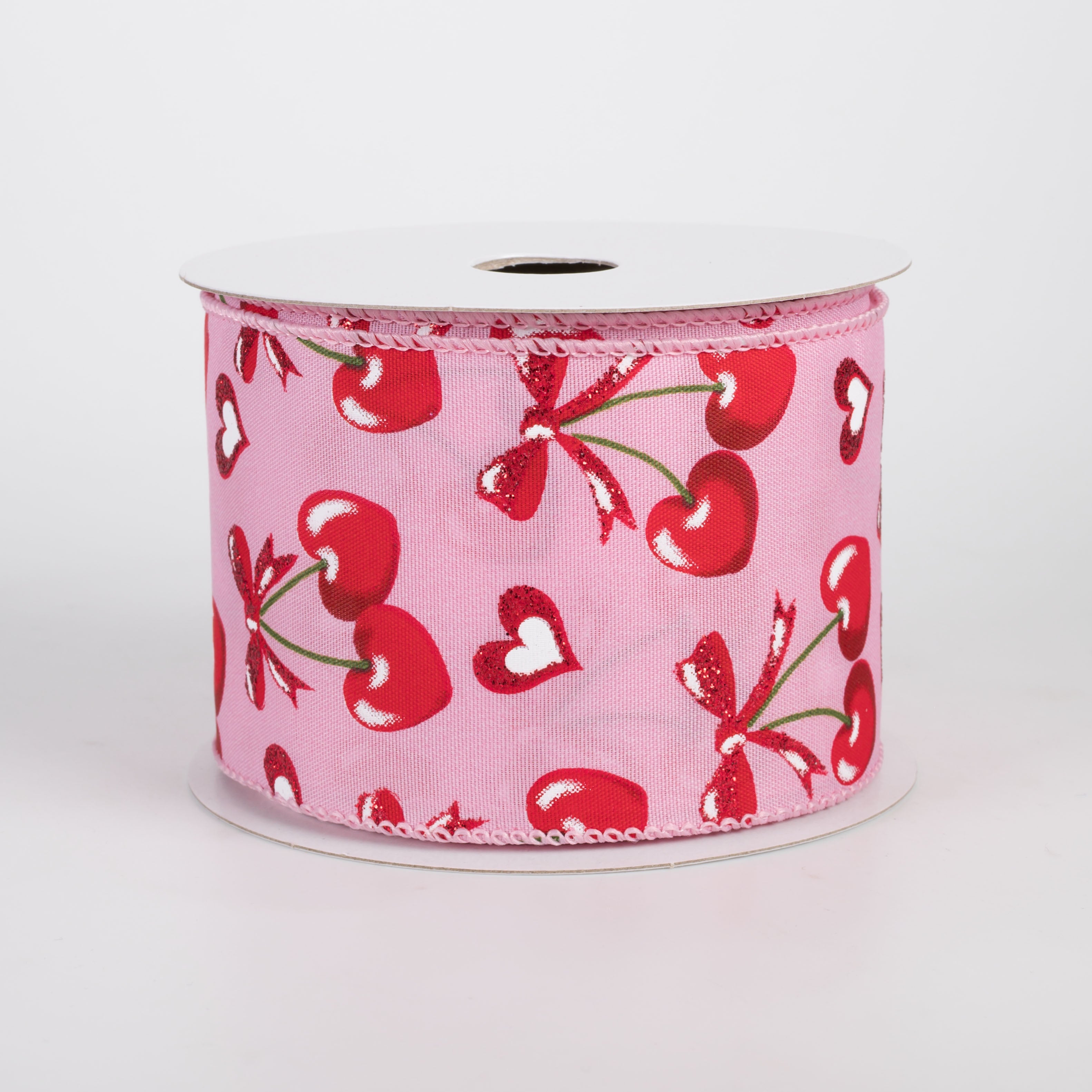 2.5" Satin Red Heart Cherries & Bows Ribbon: Pink (10 Yards)