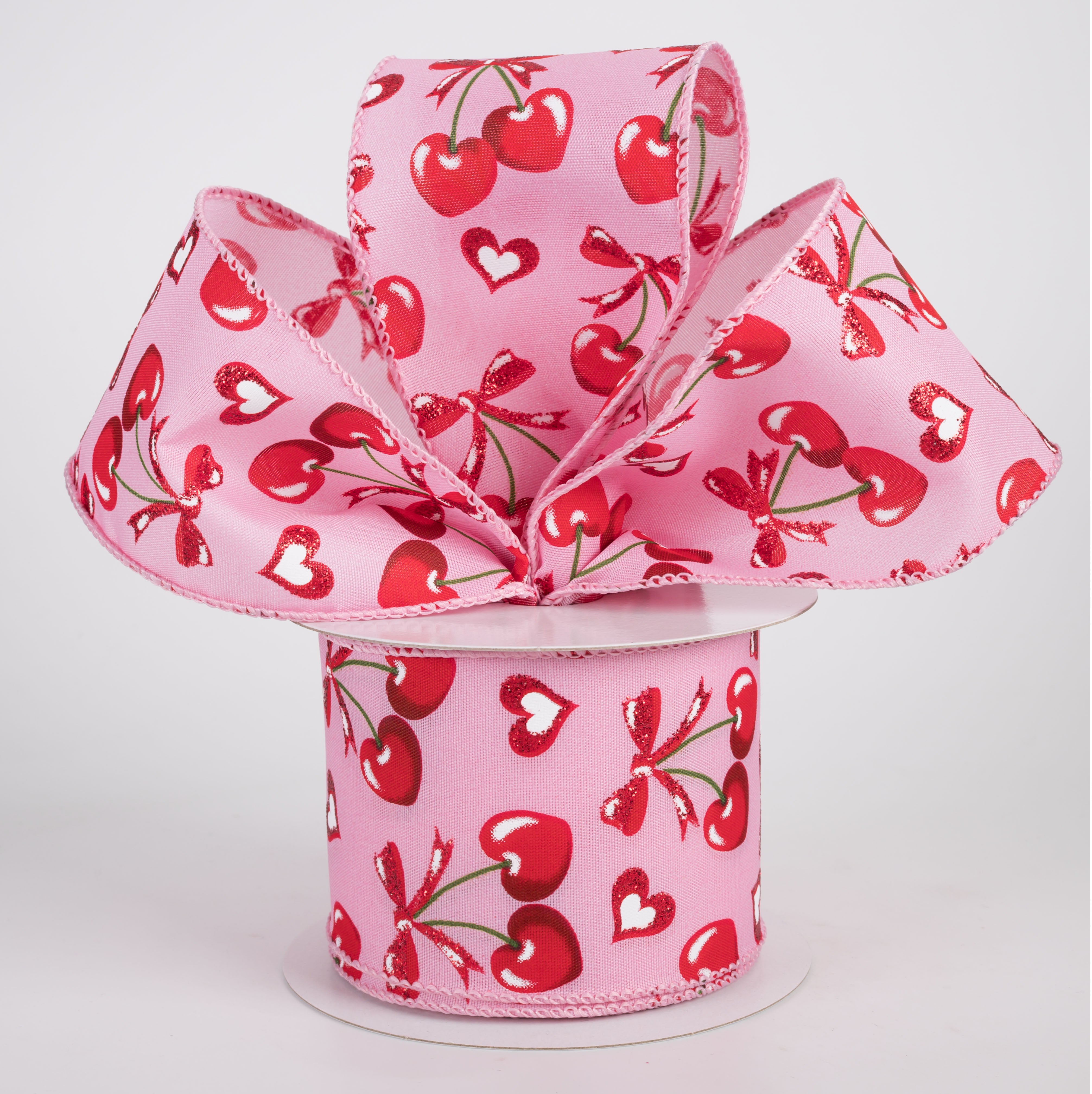 2.5" Satin Red Heart Cherries & Bows Ribbon: Pink (10 Yards)