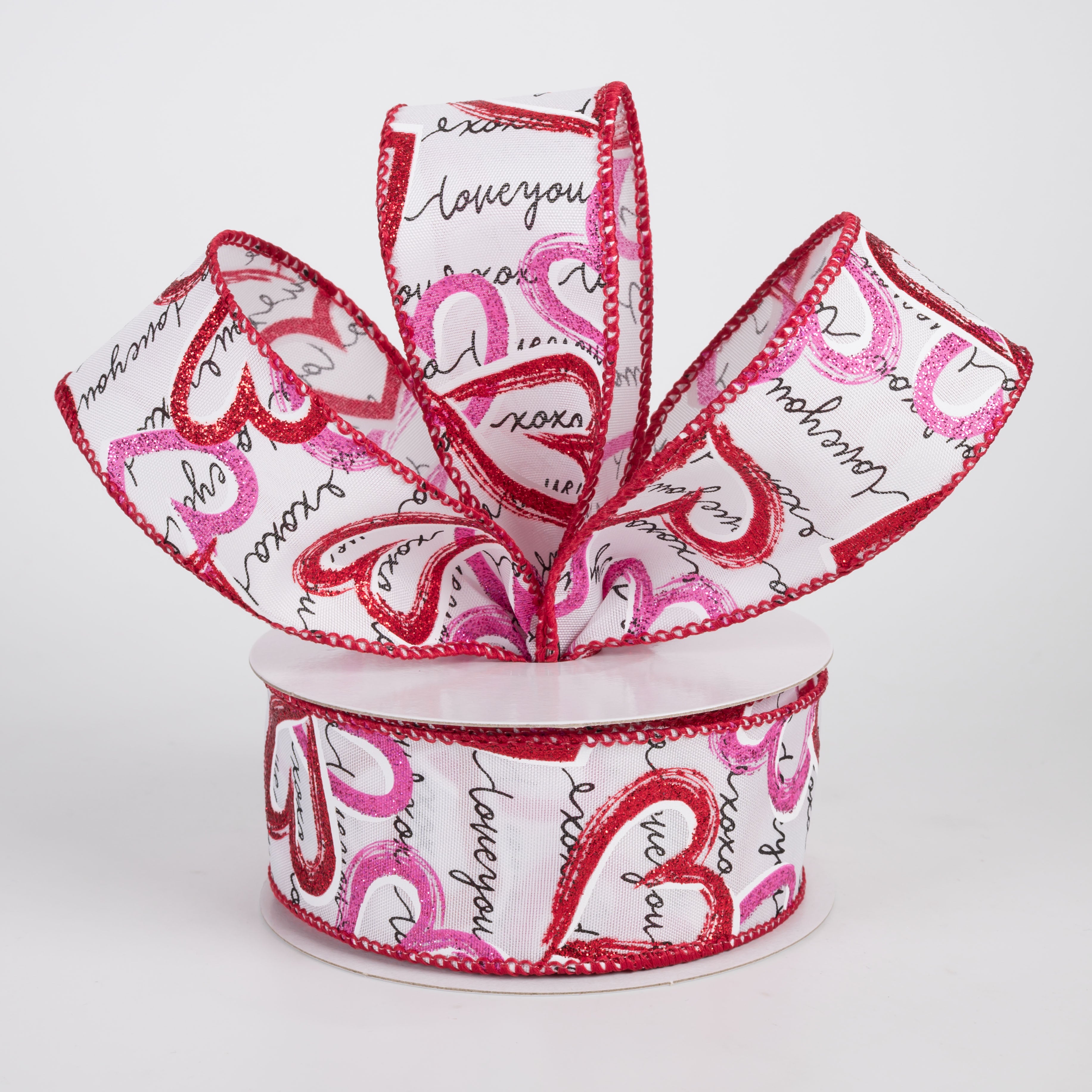 1.5" Love Book Script With Pink & Red Hearts Ribbon: White (10 Yards)