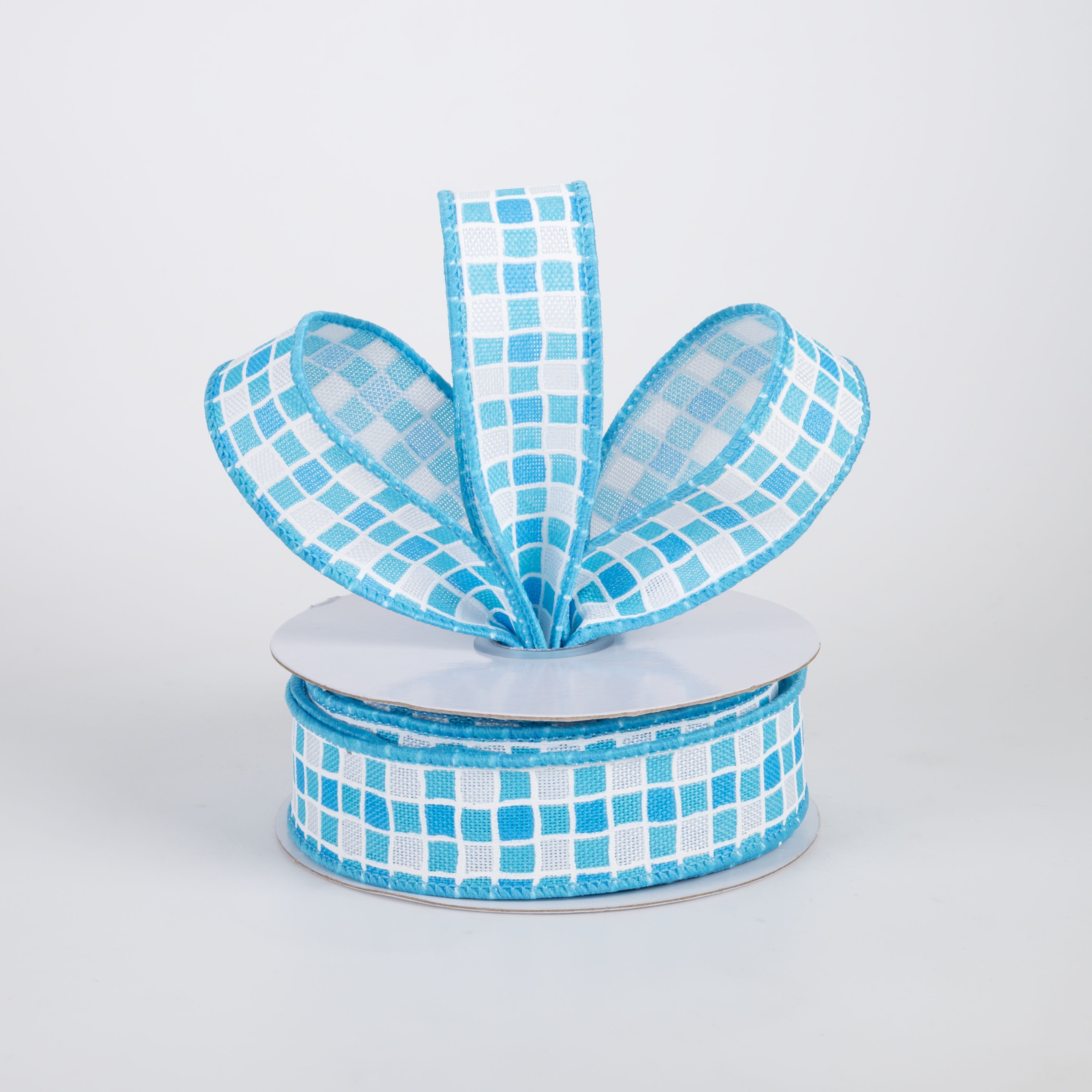 7/8" Small Check Raised Lines Ribbon: Blues & White (10 Yards)