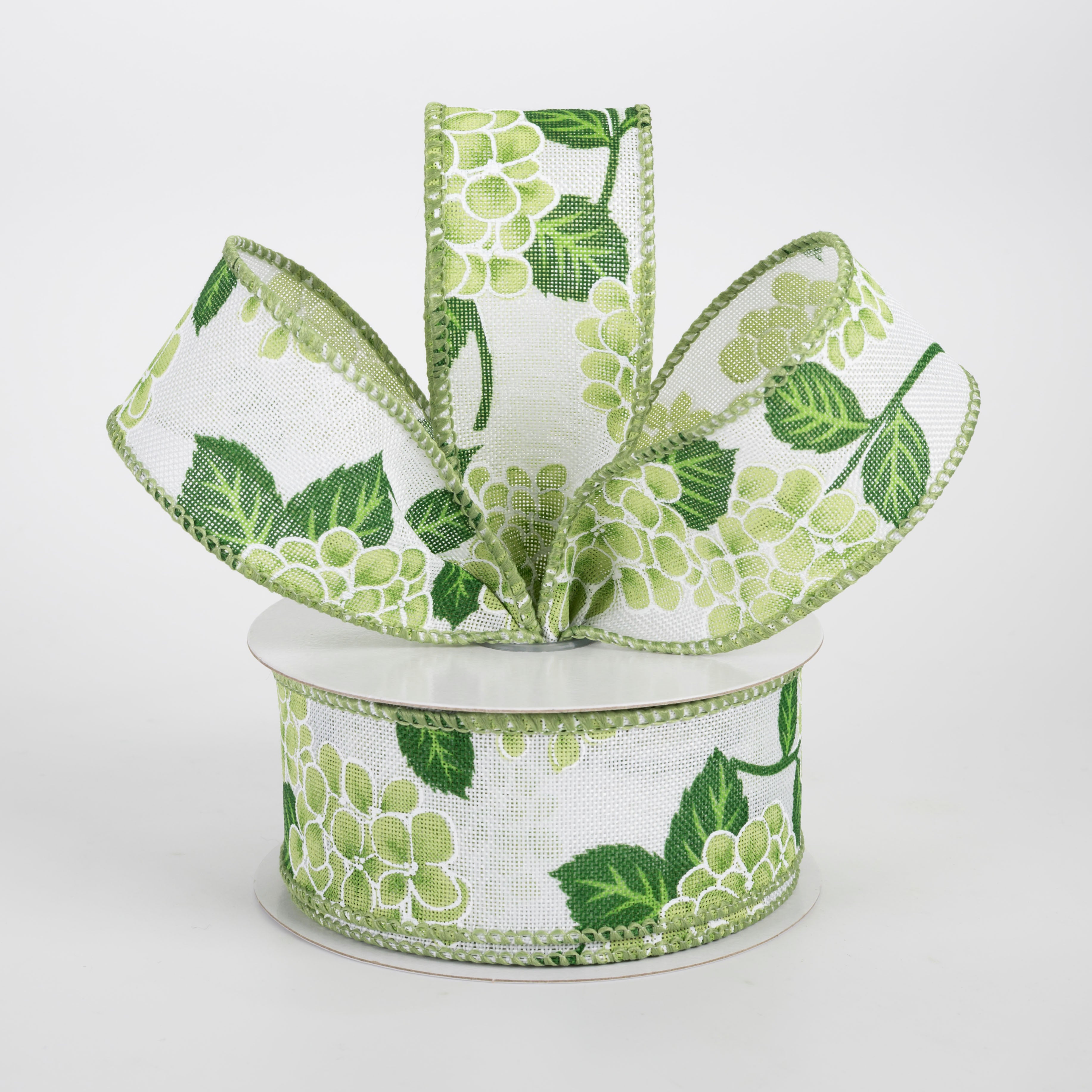 1.5" Linen Hydrangea Ribbon: Green on Ivory (10 Yards)