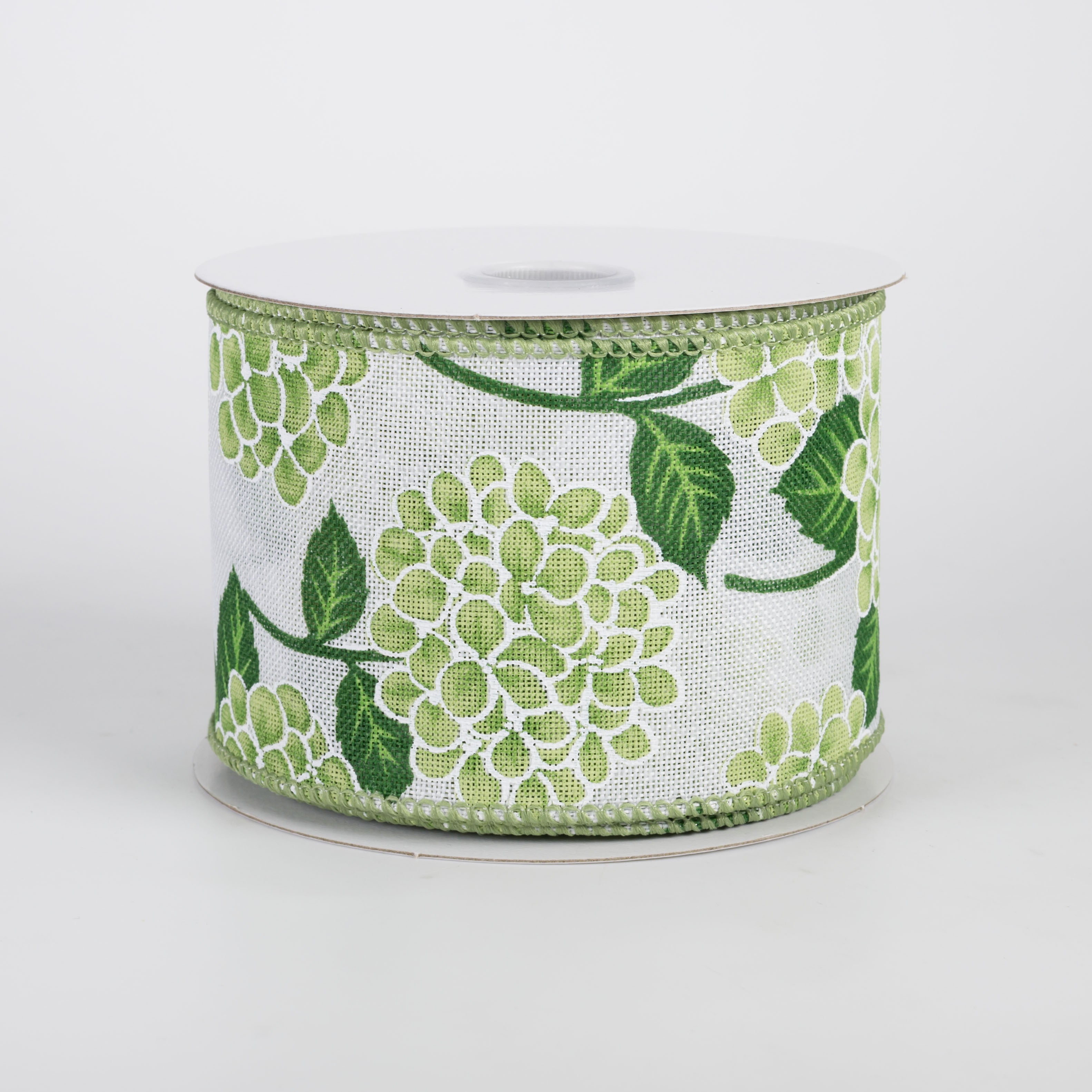 2.5" Linen Hydrangea Ribbon: Green on Ivory (10 Yards)