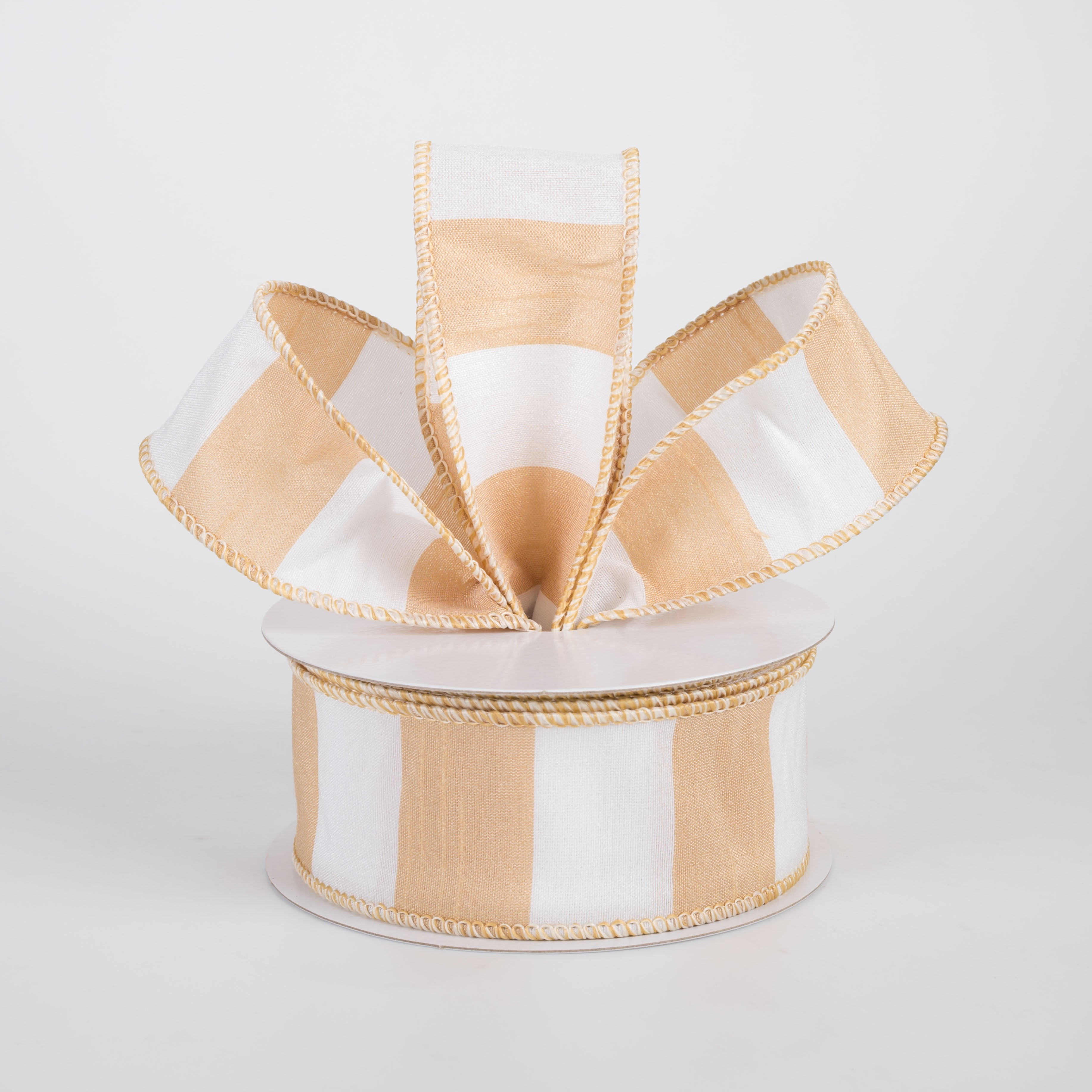 1.5" Dupioni Horizontal Stripes Ribbon: Tan & White (10 Yards)