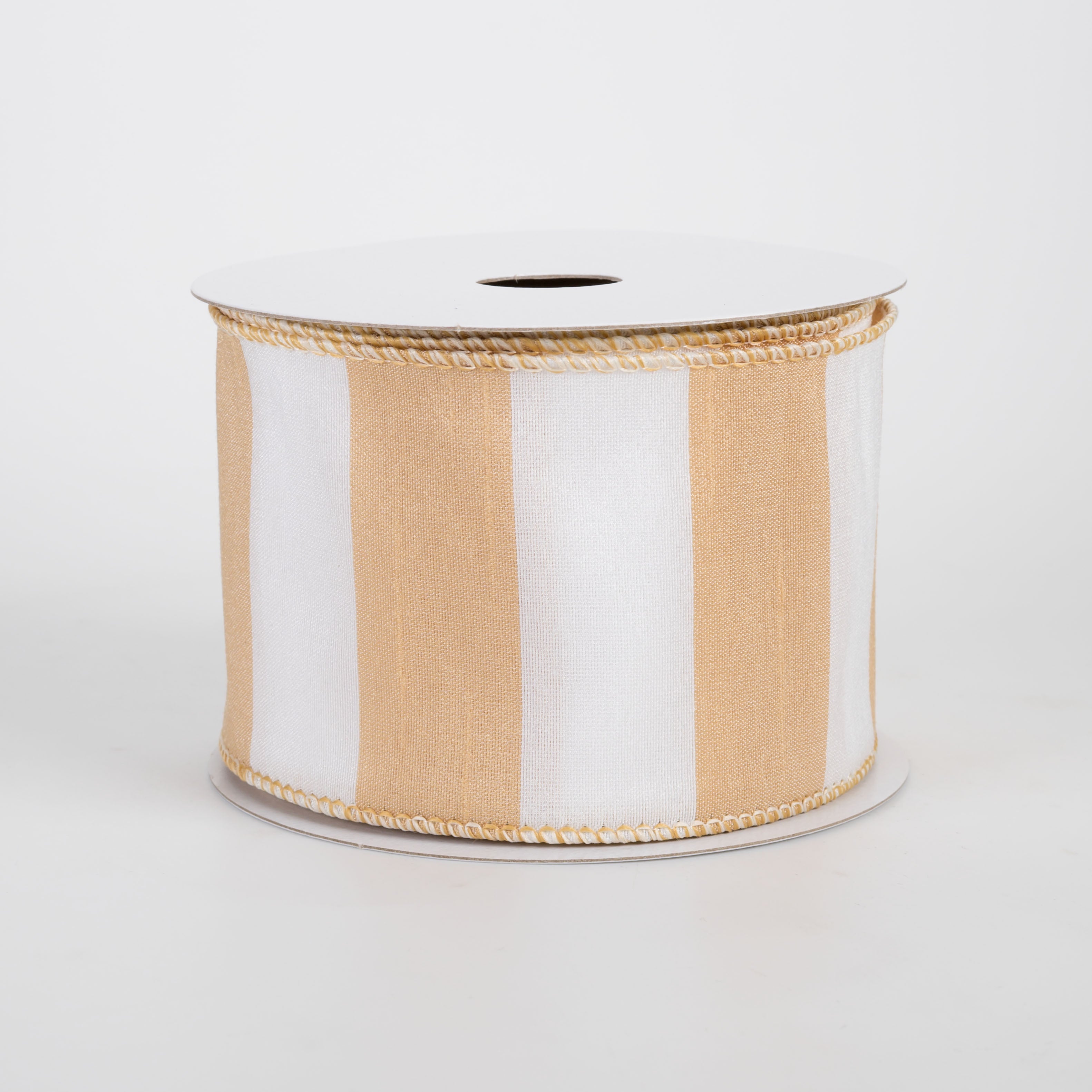 2.5" Dupioni Horizontal Stripes Ribbon: Tan & White (10 Yards)