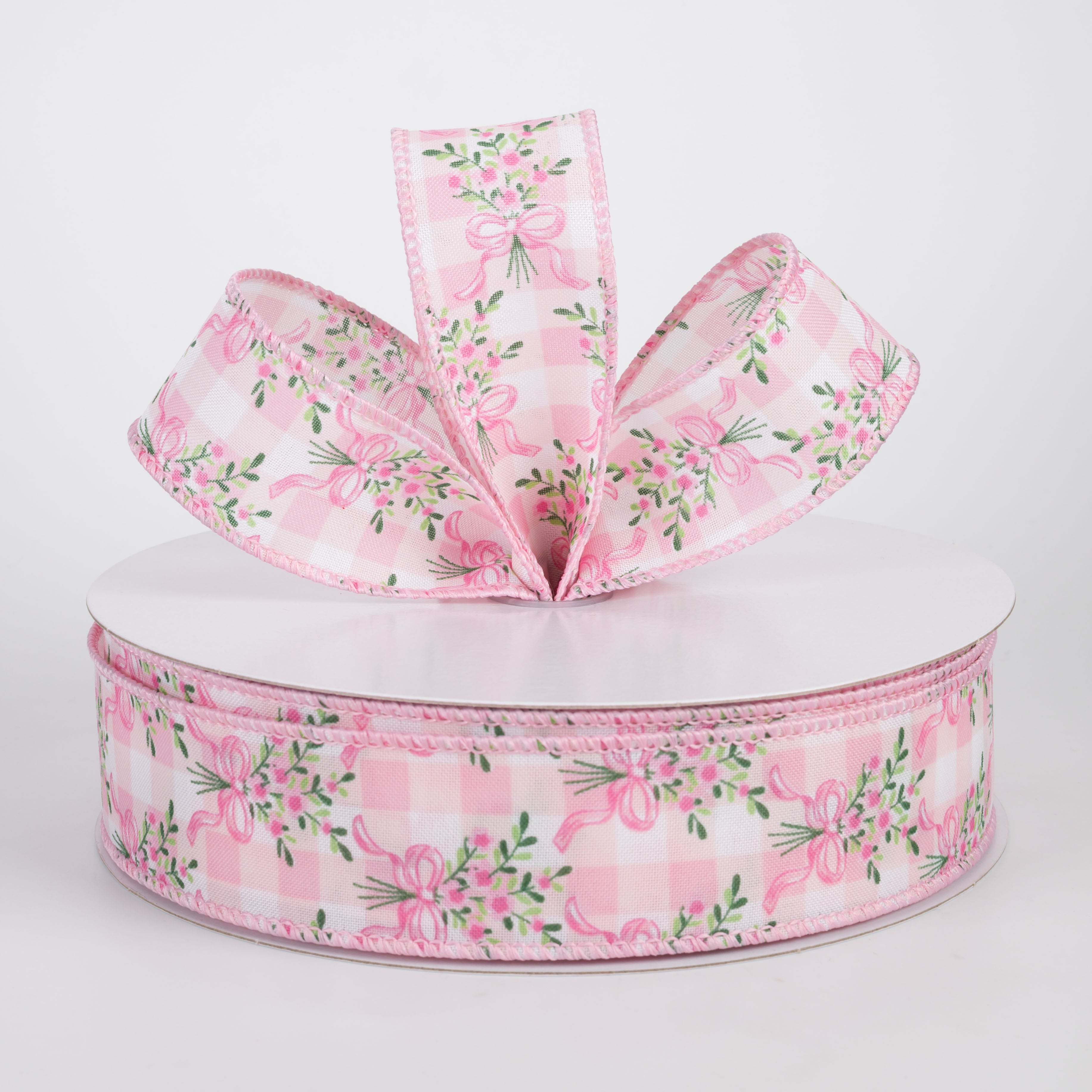1.5" Satin Flower Bow Bouquet Ribbon: White & Pink (50 Yards)