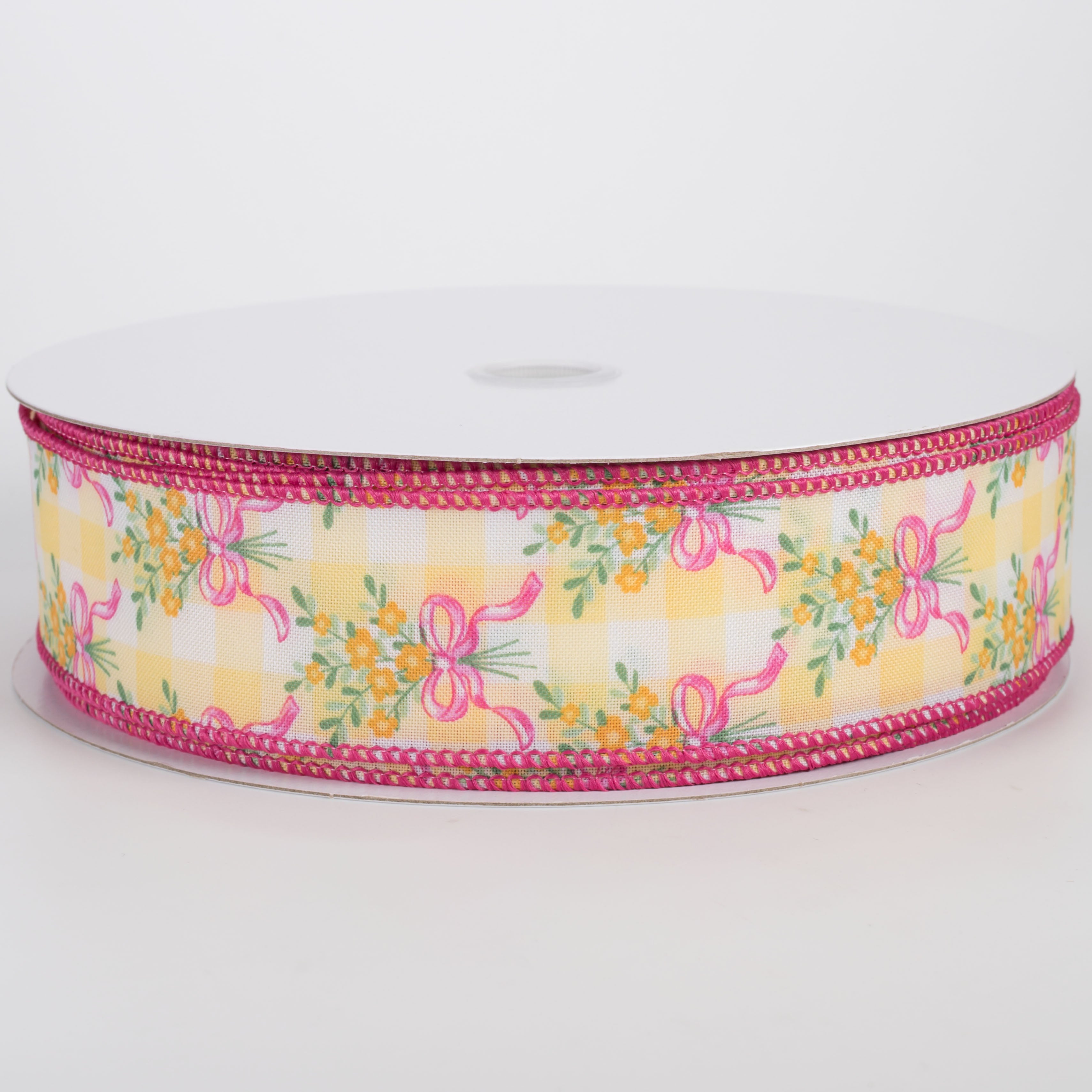 1.5" Satin Flower Bow Bouquet Ribbon: White & Yellow (50 Yards)