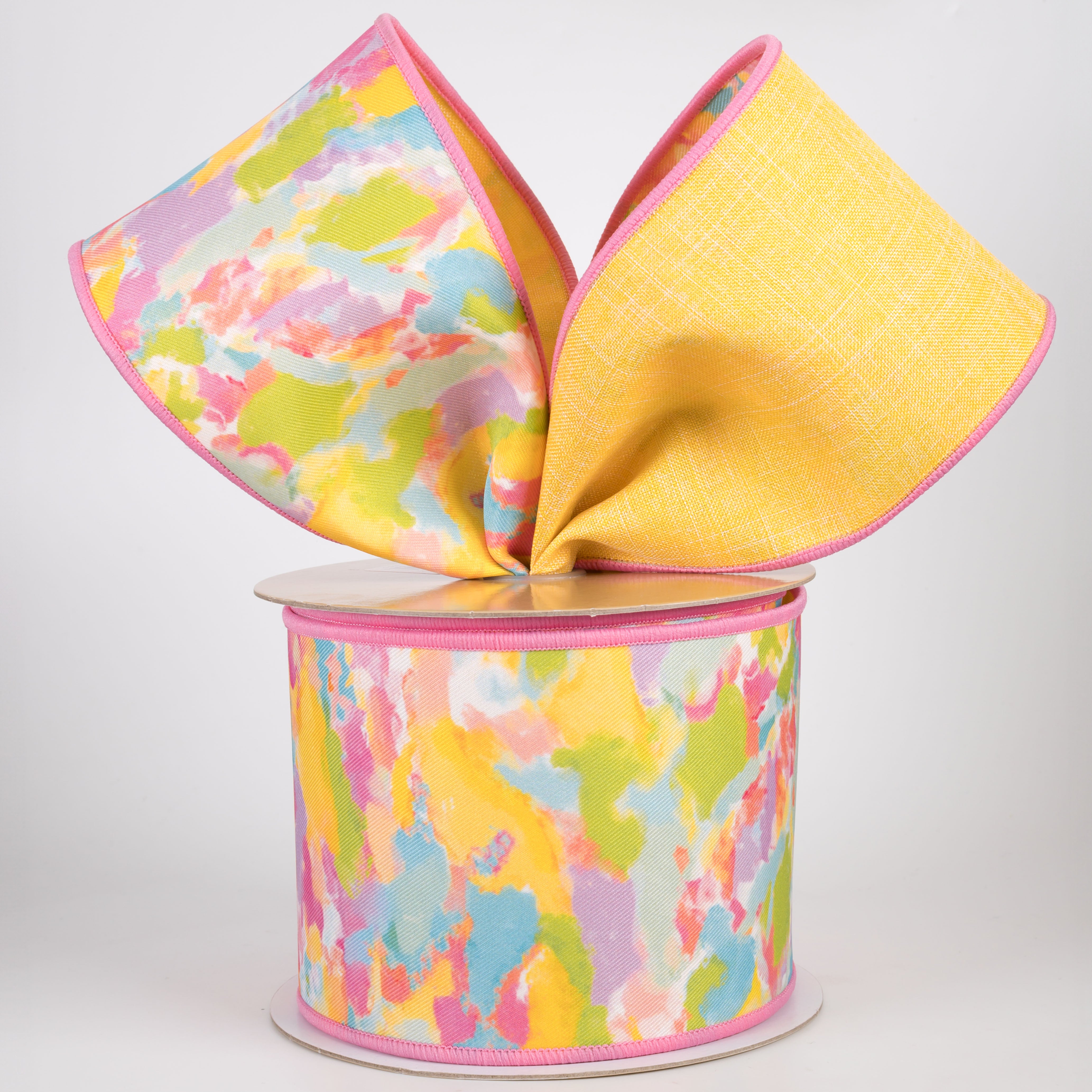 4" Double Sided Fused Abstract Paint Ribbon: Pink & Yellow (10 Yards)