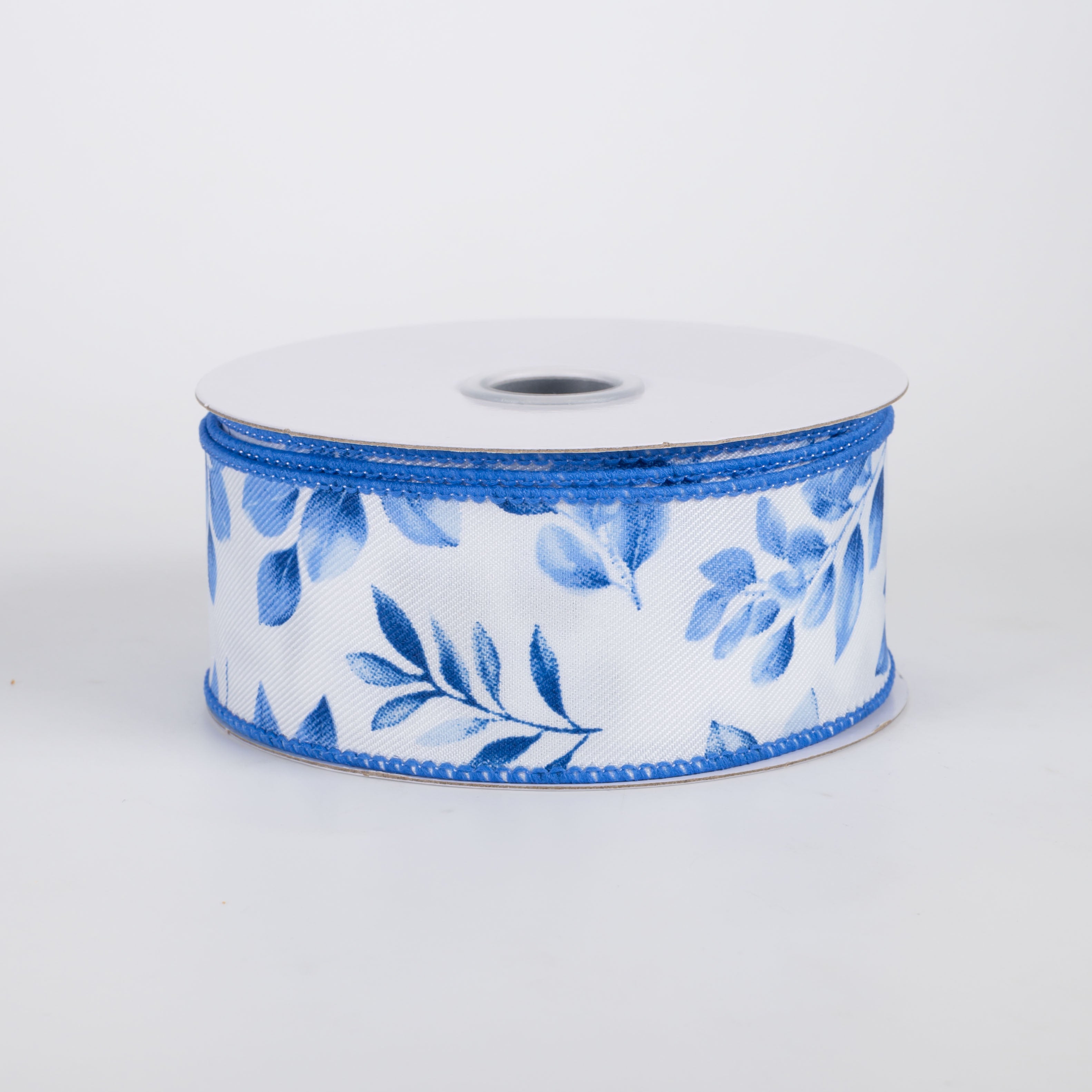 1.5" Greenery Leaves Ribbon: Blues on White (10 Yards)