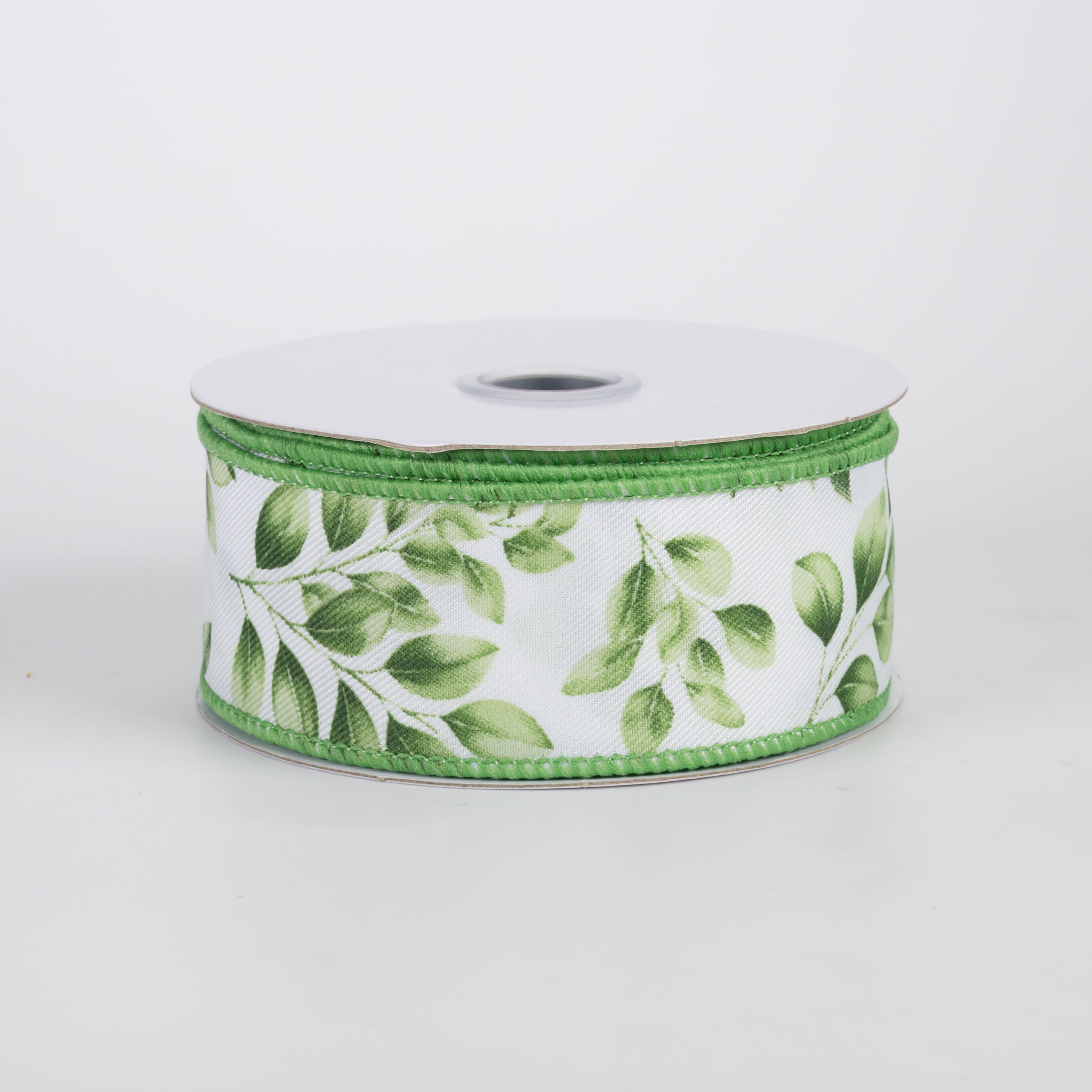 1.5" Greenery Leaves Ribbon: Greens on White (10 Yards)