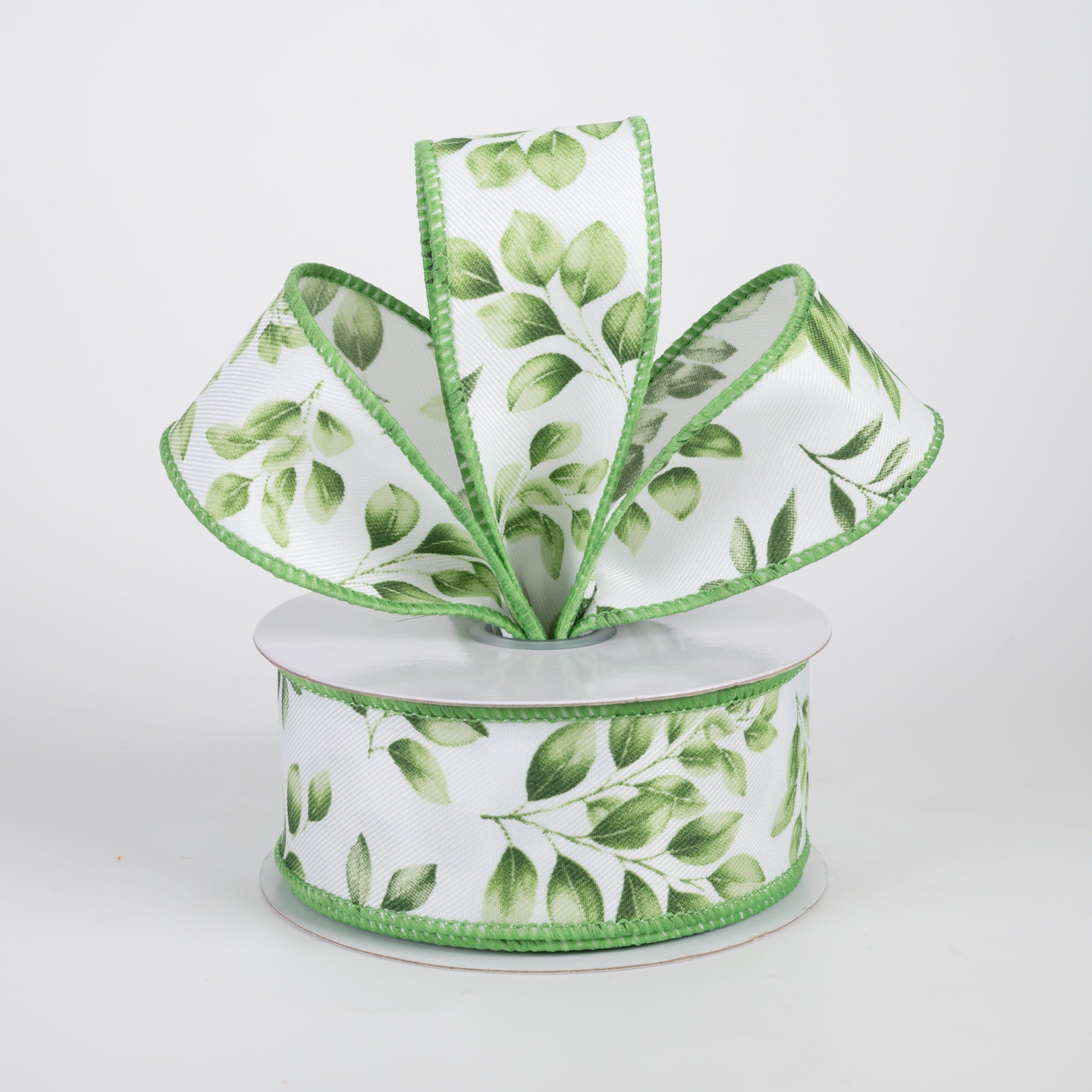 1.5" Greenery Leaves Ribbon: Greens on White (10 Yards)