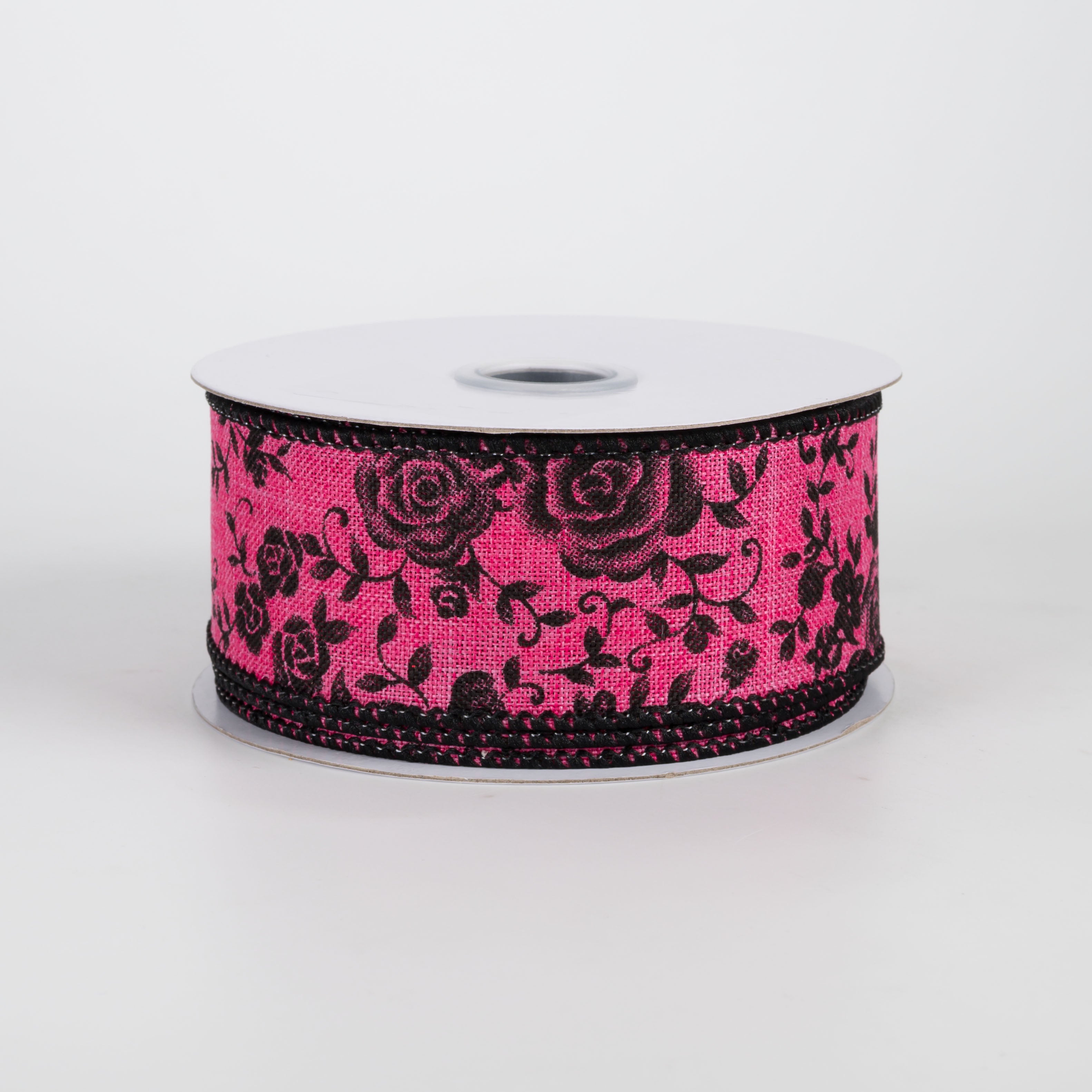 1.5" Mini Roses Floral Ribbon: Black on Hot Pink (10 Yards)
